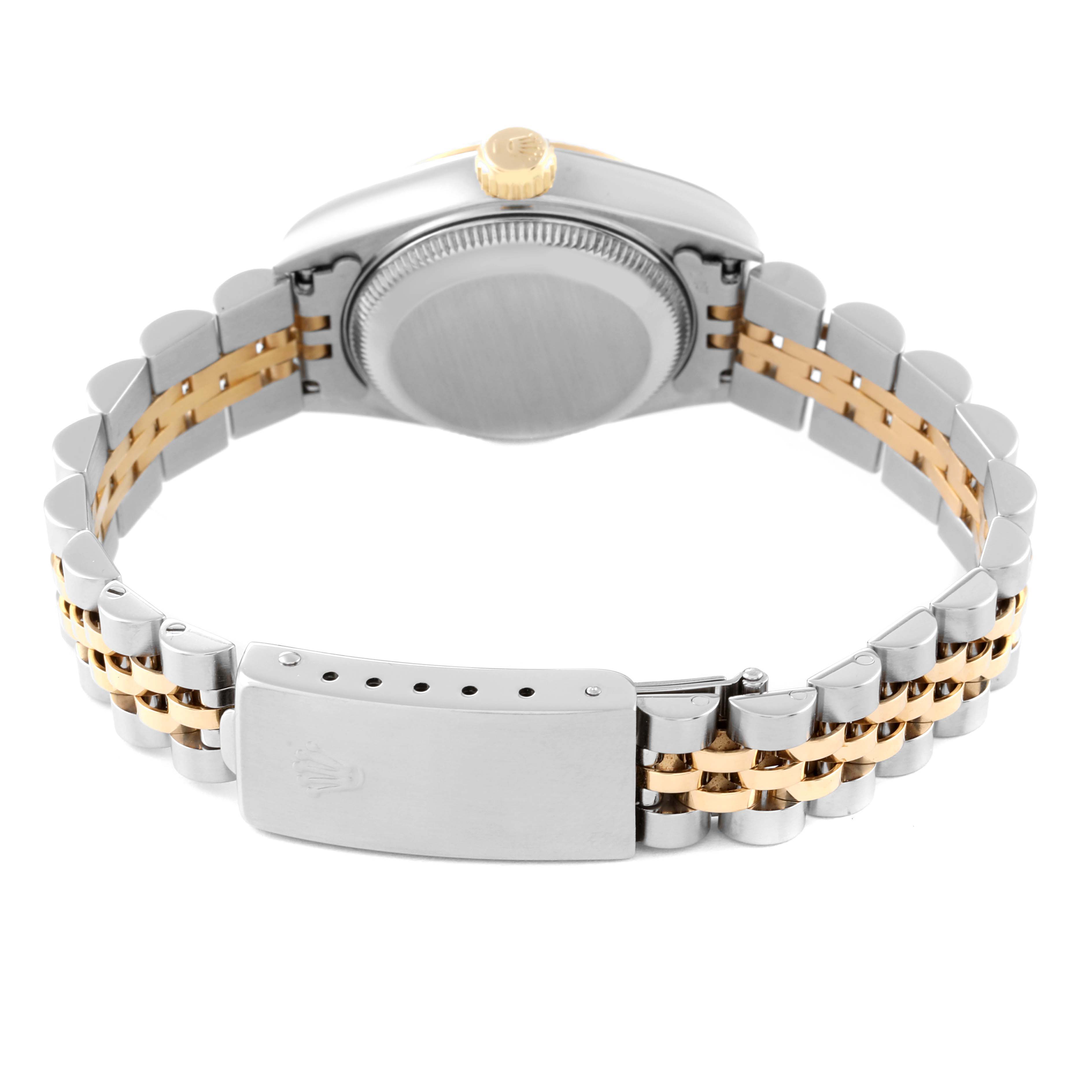 The image shows the back of a Rolex Datejust 69173 Women's Steel and Gold (two tone) Silver Dial 69173 Women's Steel and Gold (two tone) Silver Dial, highlighting its case, crown, and two-tone bracelet with clasp.