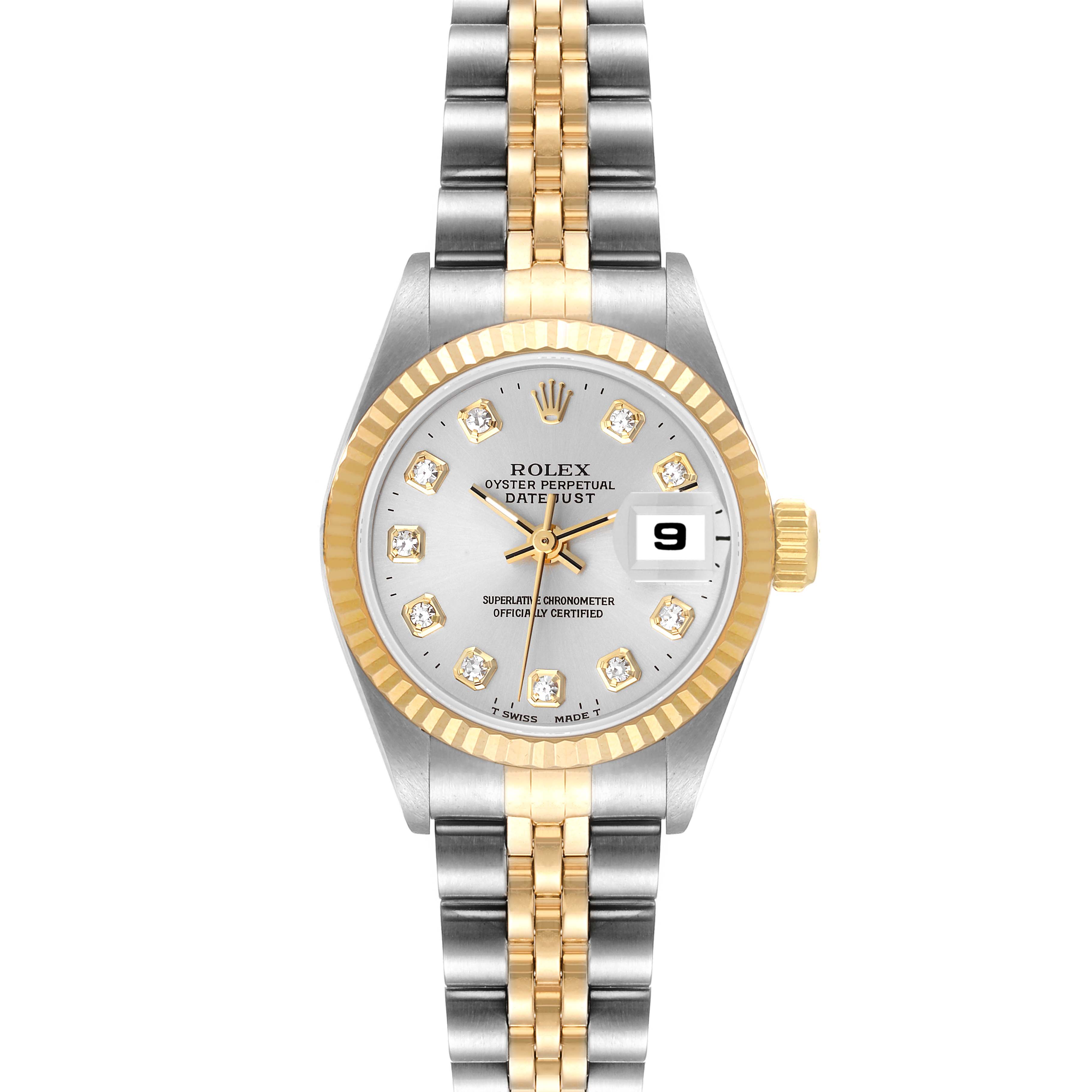 The image shows a front view of a Rolex Datejust 69173 Women's Steel and Gold (two tone) Silver Dial 69173 Women's Steel and Gold (two tone) Silver Dial watch, highlighting its face, two-tone bracelet, and fluted bezel.