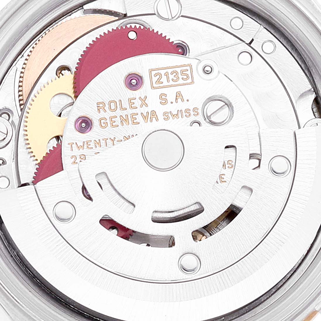 This image shows the internal mechanism and gears of the Rolex Datejust 69173 Women's Steel and Gold (two tone) Silver Dial 69173 Women's Steel and Gold (two tone) Silver Dial model watch from a close-up angle.
