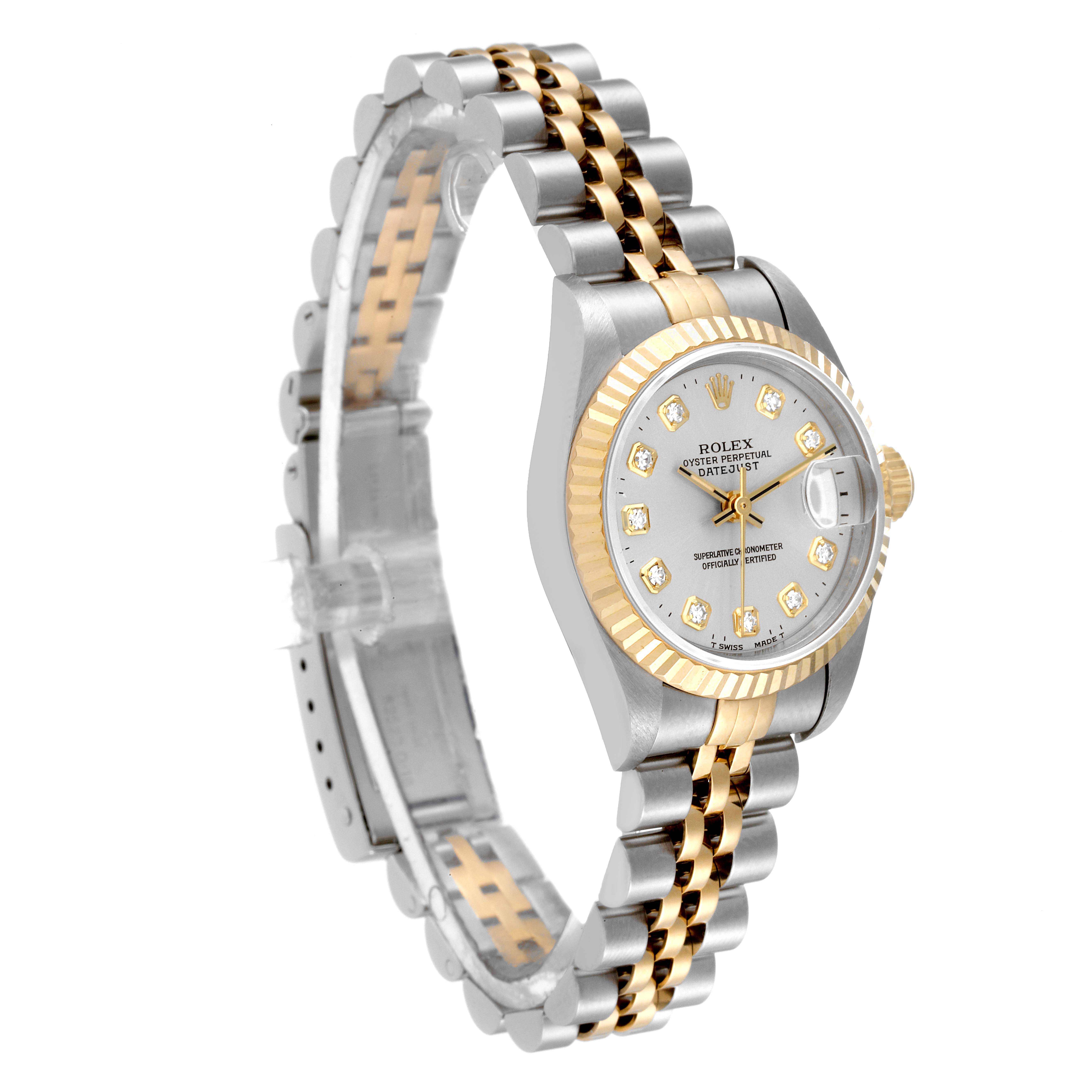 This image shows a Rolex Datejust 69173 Women's Steel and Gold (two tone) Silver Dial 69173 Women's Steel and Gold (two tone) Silver Dial watch from a front-side angle, highlighting the dial, bezel, and Jubilee bracelet.