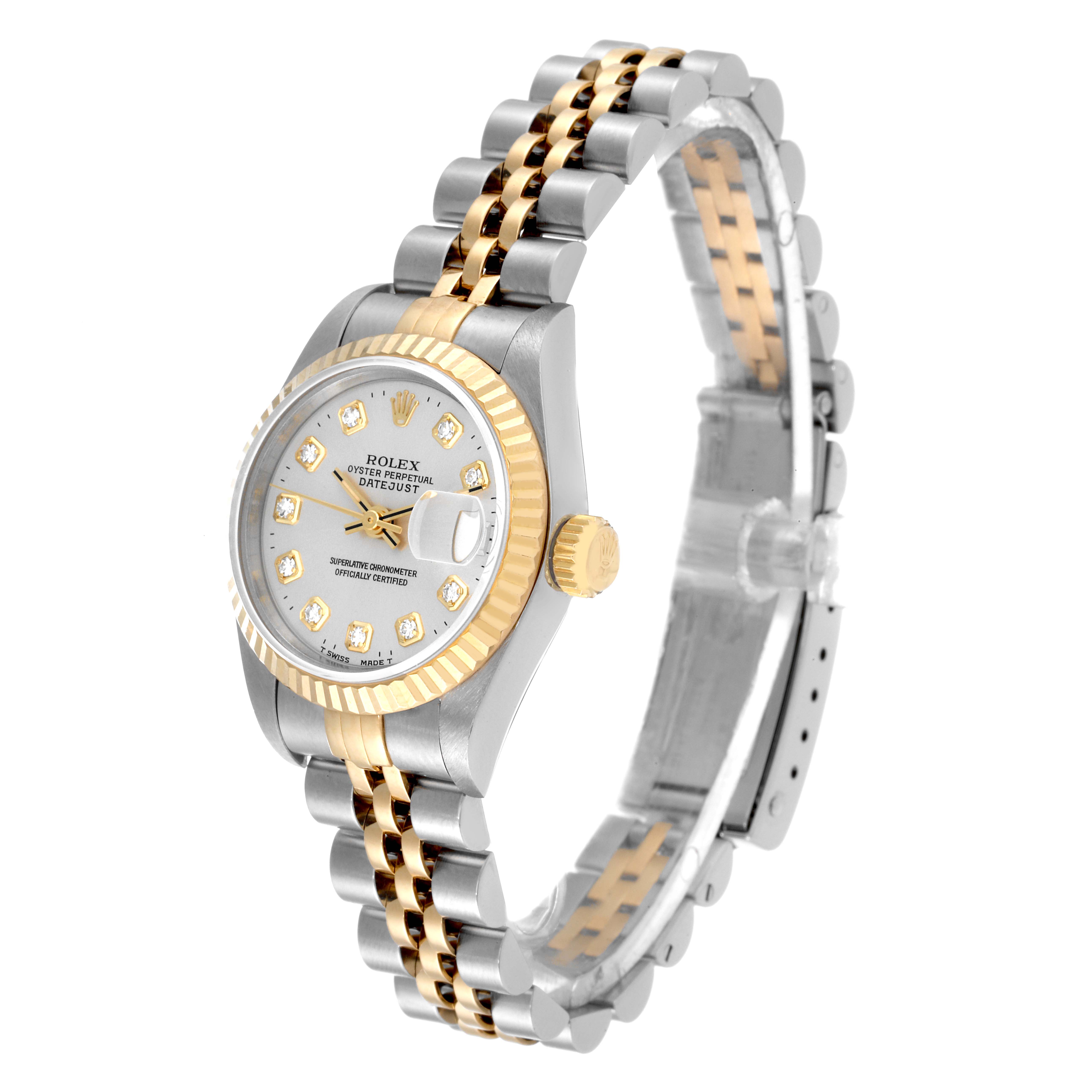 This image shows a Rolex Datejust 69173 Women's Steel and Gold (two tone) Silver Dial 69173 Women's Steel and Gold (two tone) Silver Dial watch from an angled side view, highlighting the two-tone bracelet, crown, and diamond dial.