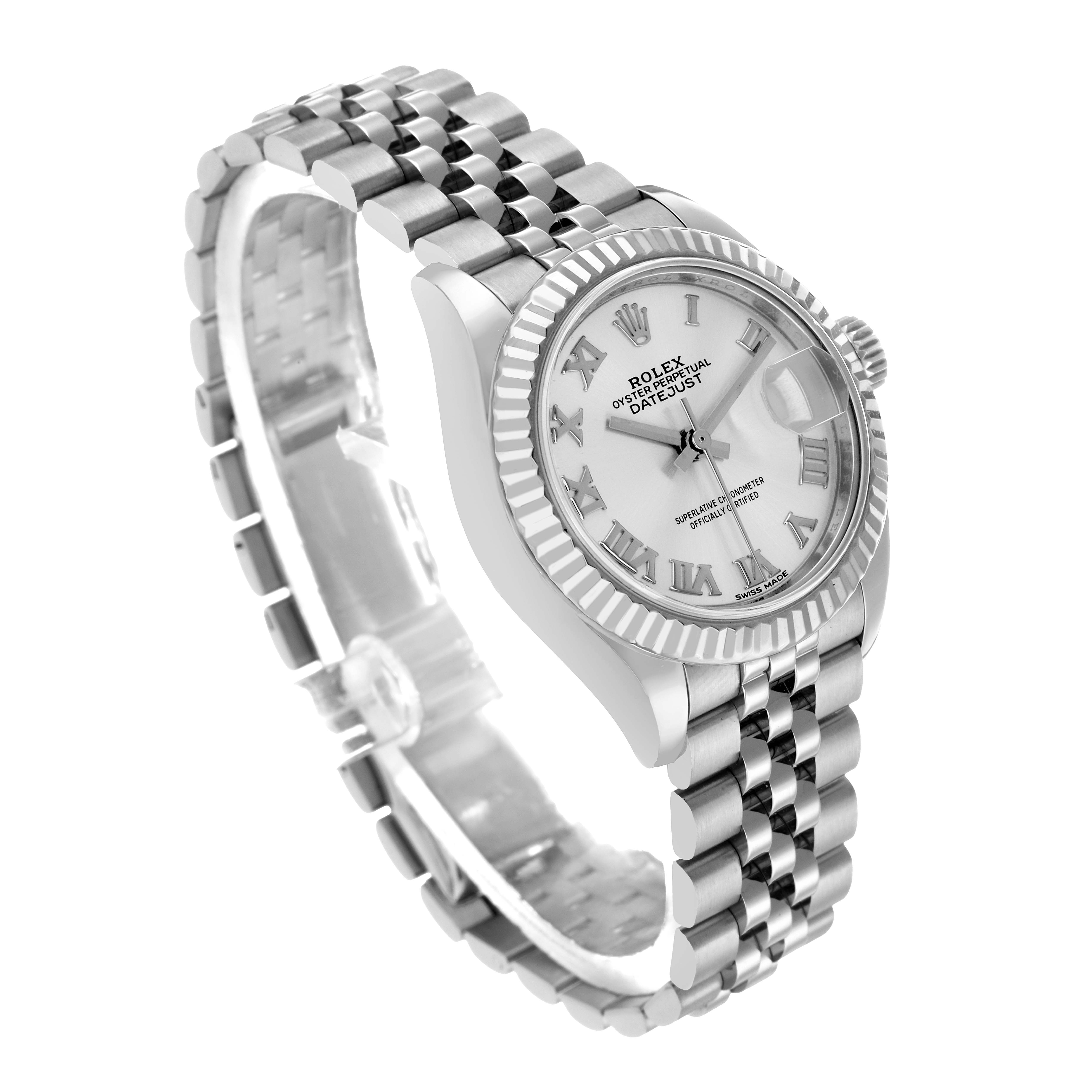 The Rolex Datejust 279174 Women's Stainless Steel Silver Dial watch is shown at an angled side view, displaying the dial, bezel, crown, and jubilee bracelet.