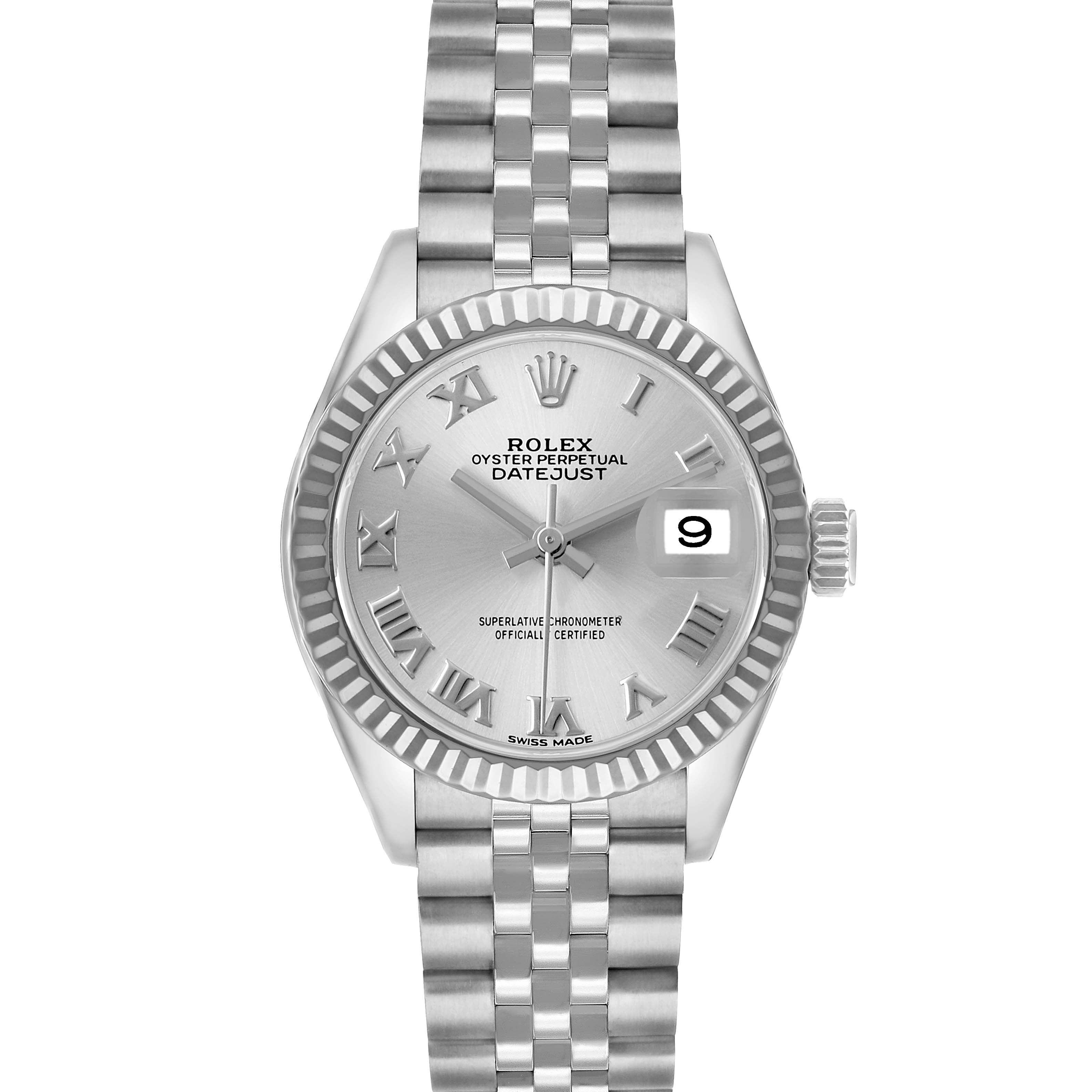 The Rolex Datejust 279174 Women's Stainless Steel Silver Dial watch is shown from a front view, displaying the dial, Roman numeral markers, fluted bezel, and Jubilee bracelet.