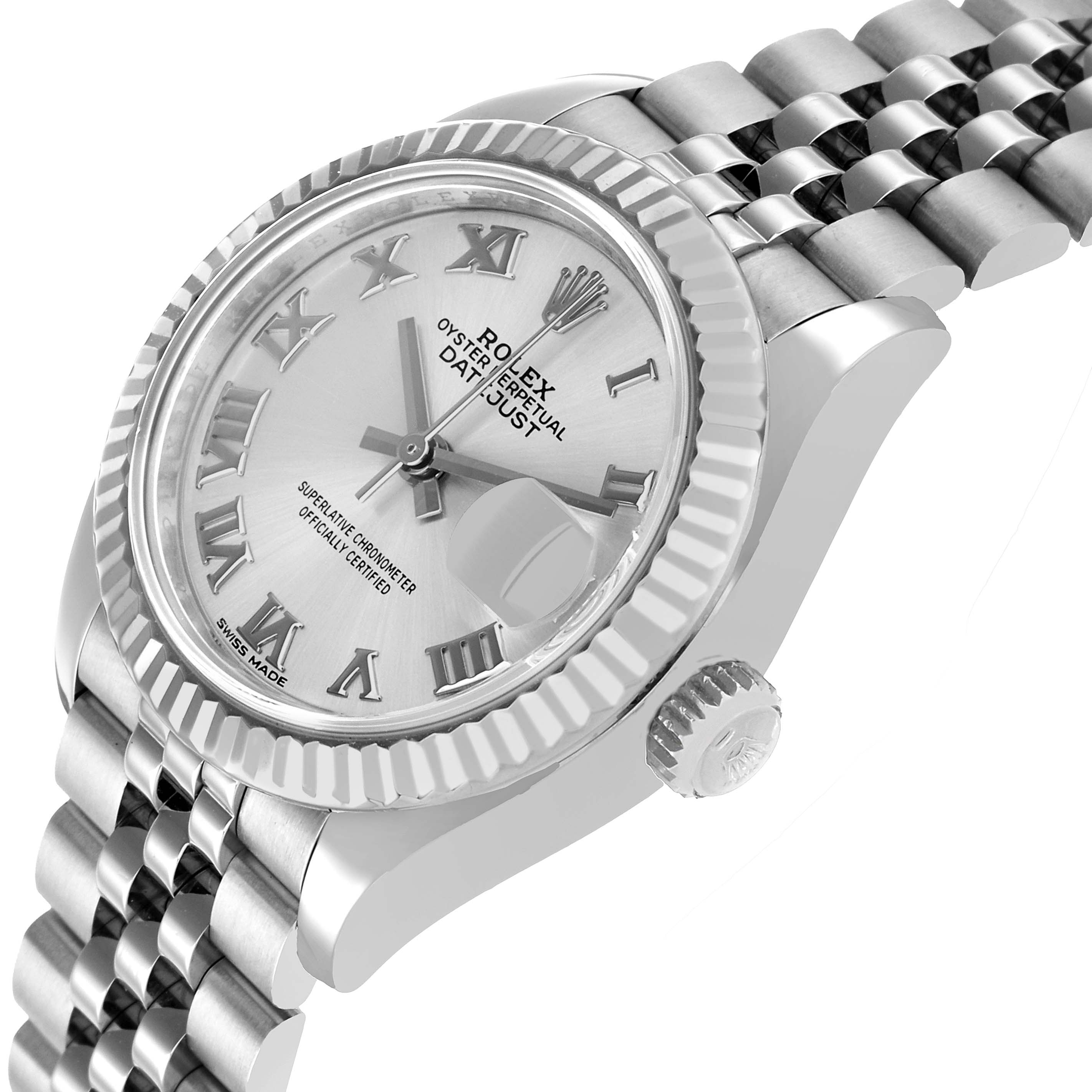 The Rolex Datejust 279174 Women's Stainless Steel Silver Dial watch is shown at an angled view, highlighting the face, bezel, crown, and part of the bracelet.