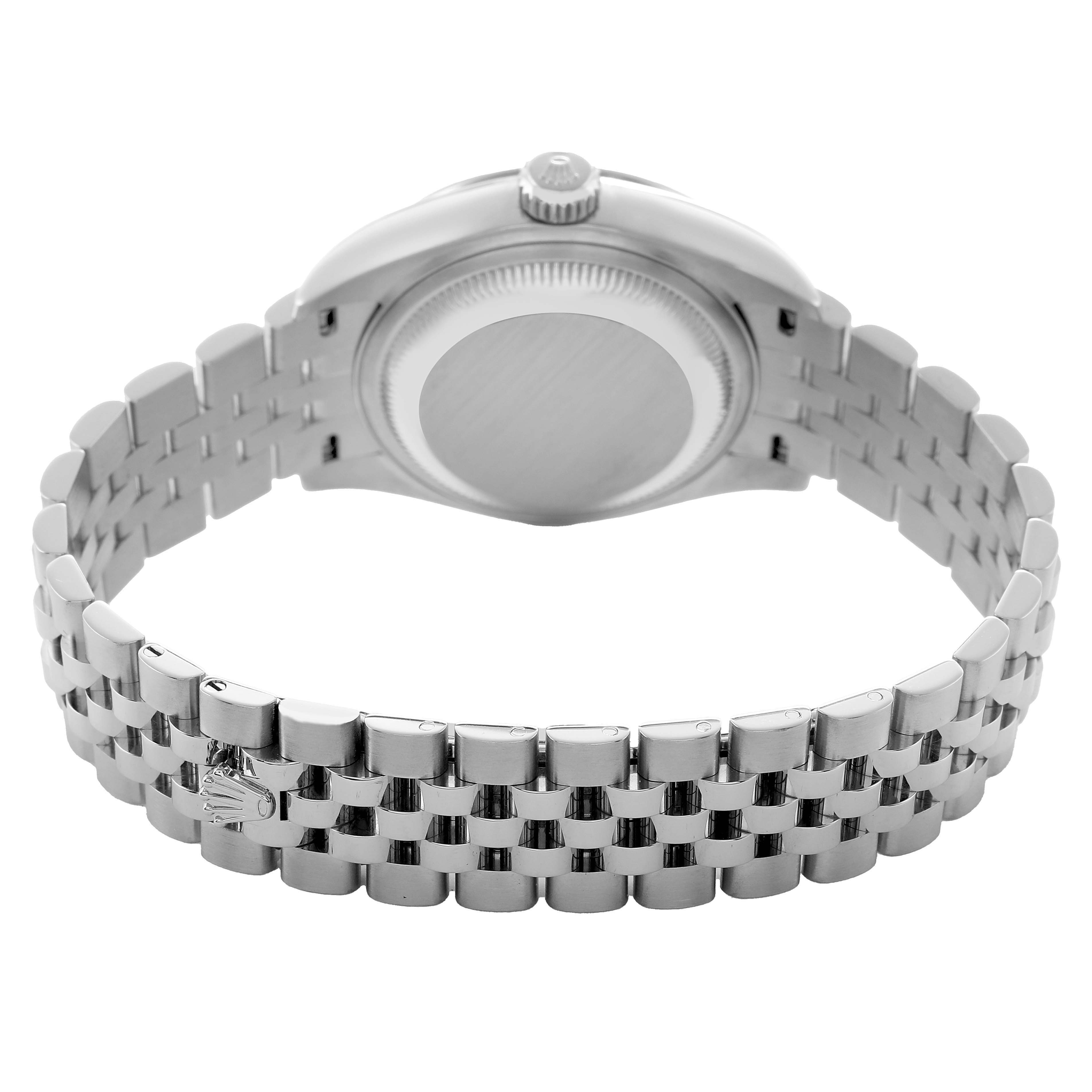 The image shows the back view of a Rolex Datejust 279174 Women's Stainless Steel Silver Dial watch, highlighting the case back, bracelet, and crown.