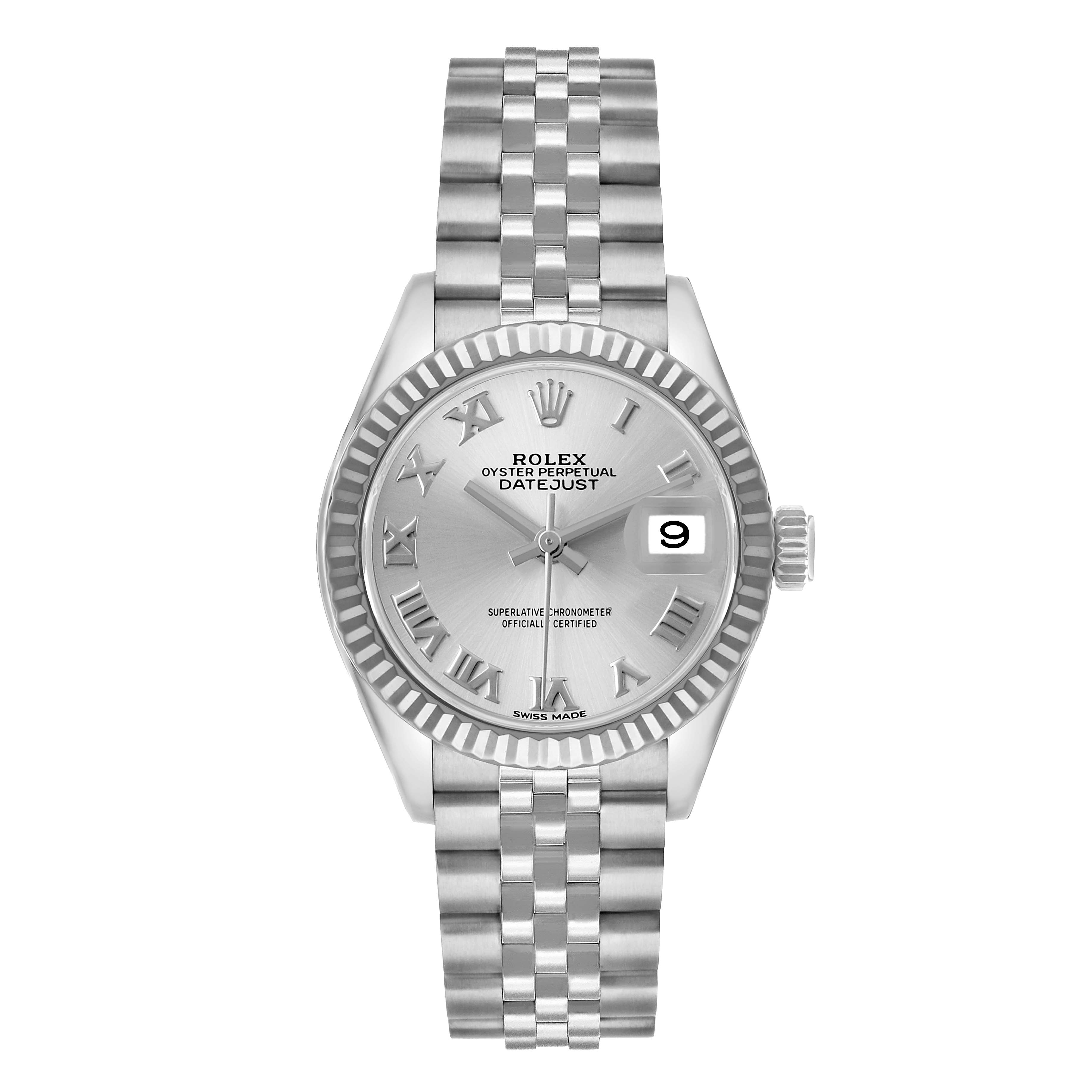 The Rolex Datejust 279174 Women's Stainless Steel Silver Dial watch is shown from a straight-on angle, displaying the dial, fluted bezel, and Jubilee bracelet.