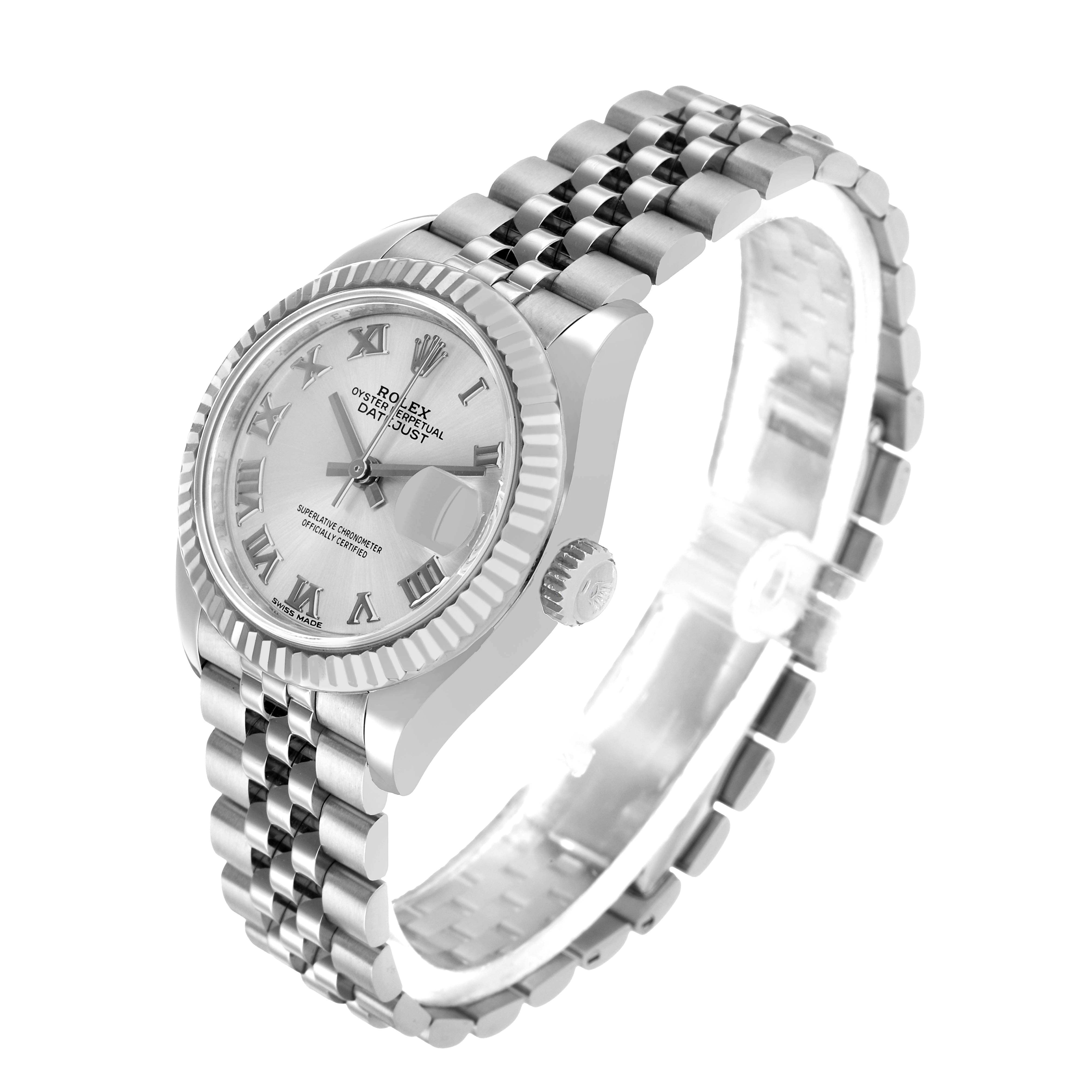 The Rolex Datejust 279174 Women's Stainless Steel Silver Dial is shown at a three-quarter angle displaying the dial, bezel, and bracelet.