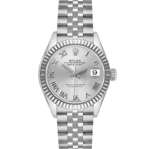 The image shows a Rolex Datejust 279174 Women
s Stainless Steel Silver Dial watch from a front view, highlighting the dial, bezel, bracelet, and date feature.