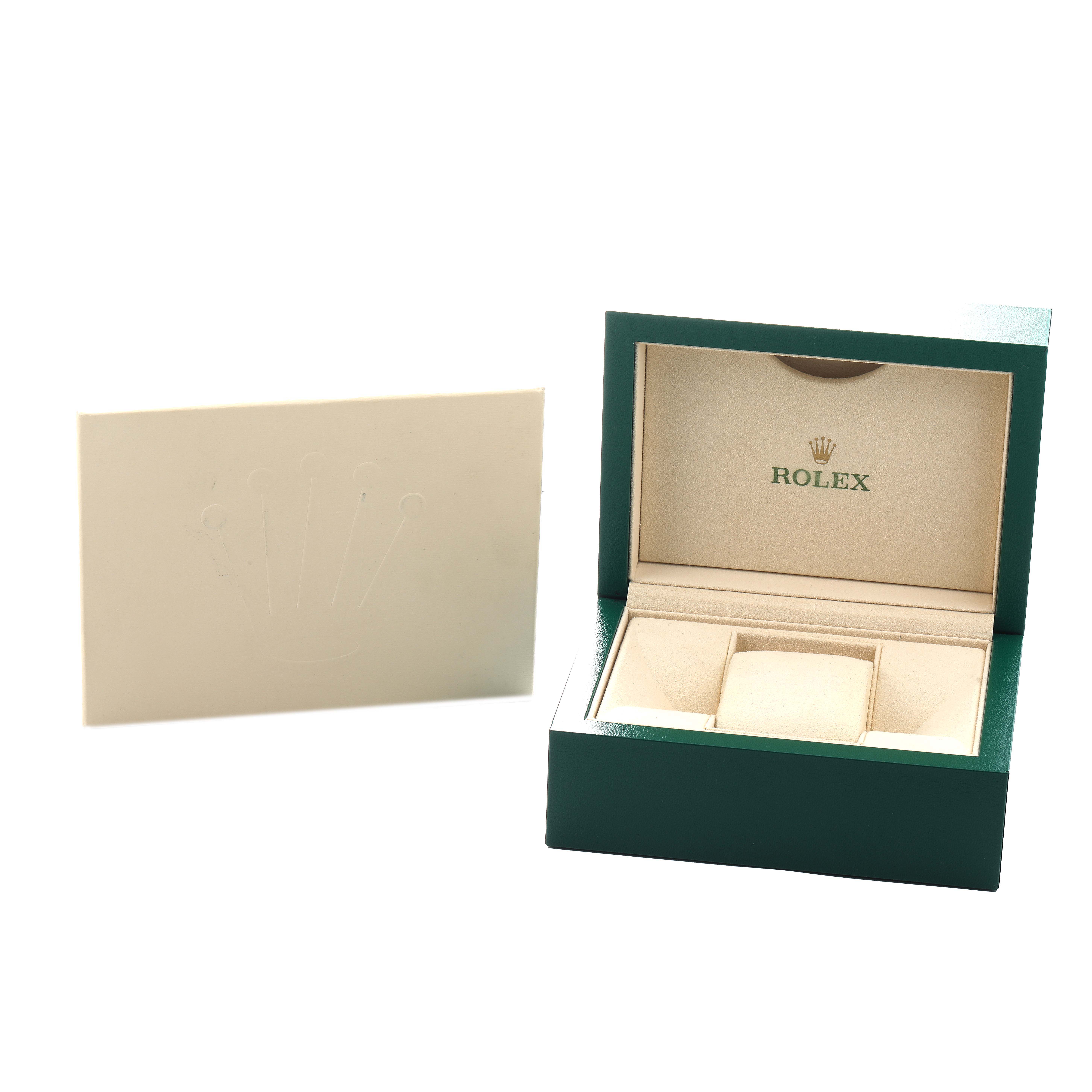 The image shows an open Rolex Datejust 279174 Women's Stainless Steel Silver Dial watch box at an angle, displaying the interior cushion and Rolex logo.