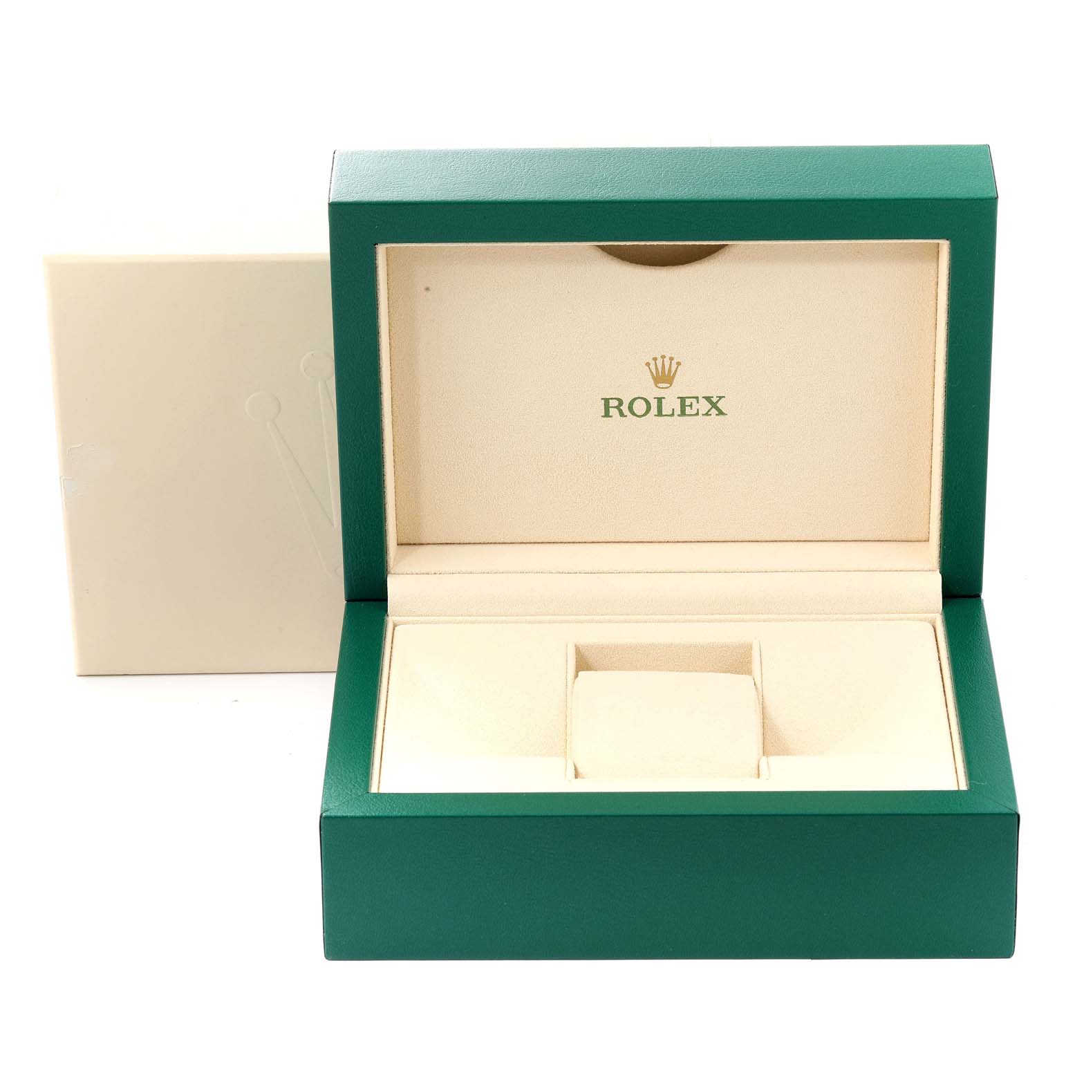 This image shows an open Rolex watch box for a Mid-Size model, featuring green exterior and beige interior.