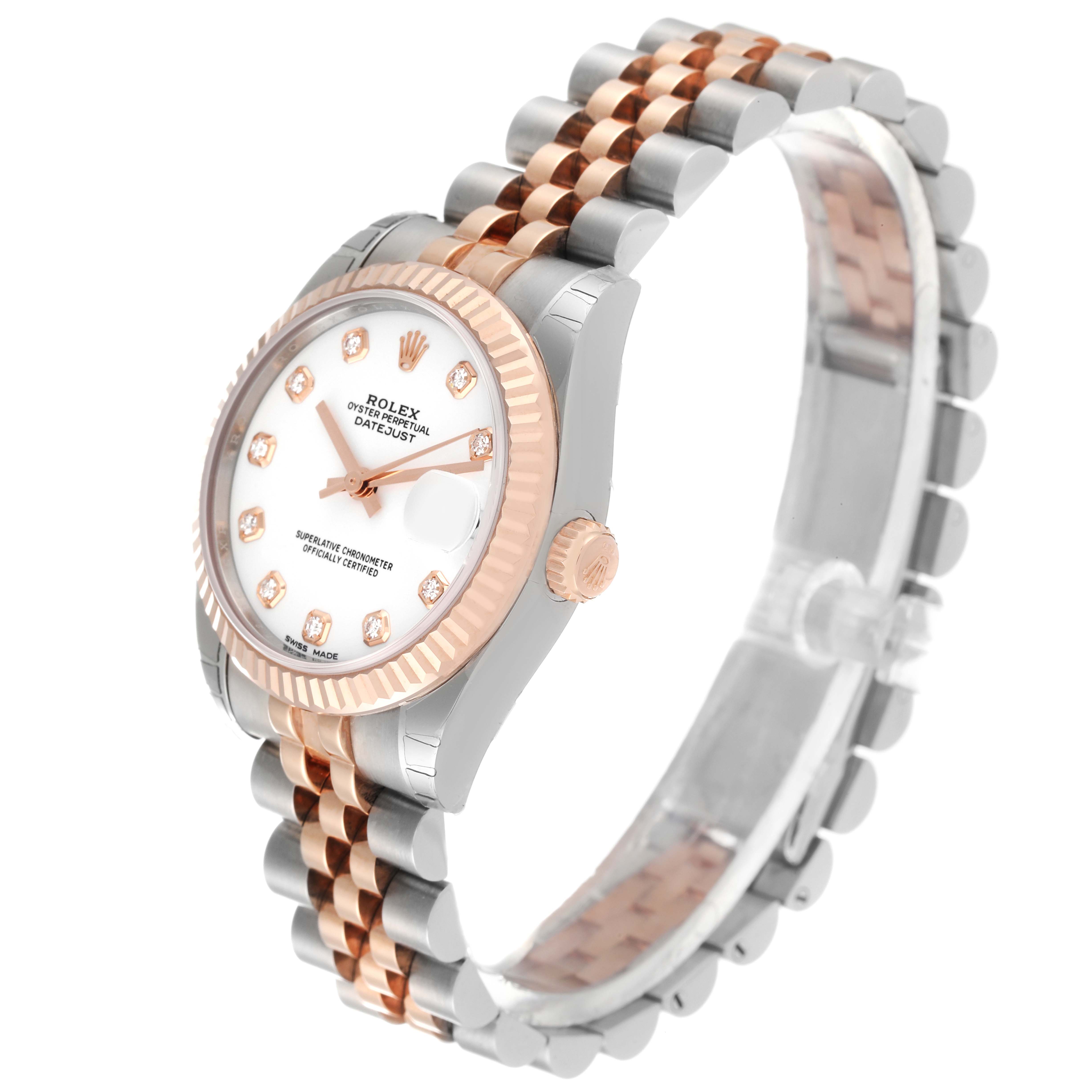 The image shows a Rolex Datejust Mid-Size watch at a front-left angle, highlighting its dial, bezel, and bracelet.
