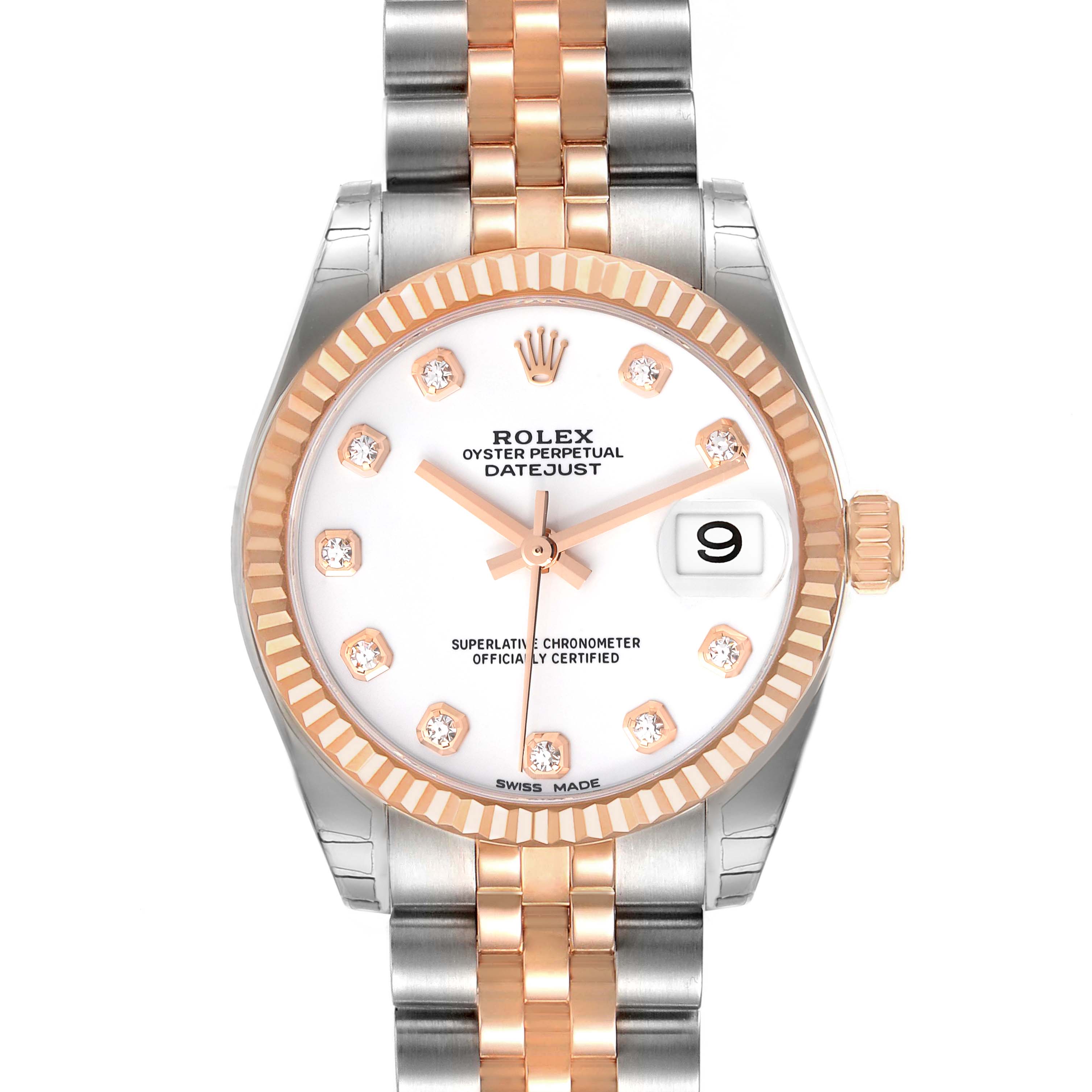 The image shows a front view of the Rolex Oyster Perpetual Datejust Mid-Size watch displaying its face, bezel, and bracelet.