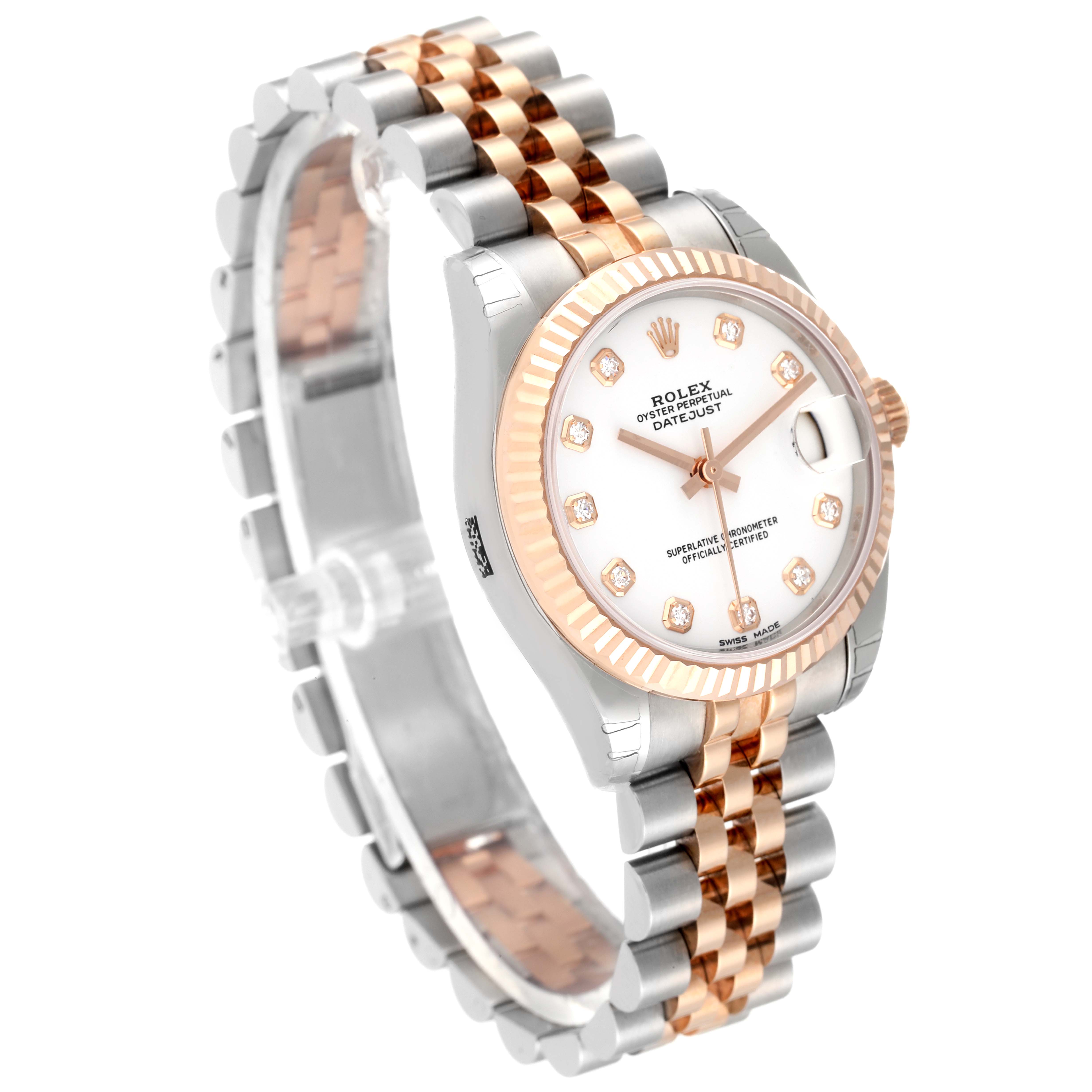 The Rolex Mid-Size 178271 Women's Steel and Gold (two tone) White Dial 178271 Women's Steel and Gold (two tone) White Dial Datejust watch is shown at an angled side view, highlighting the face, bezel, and bracelet.