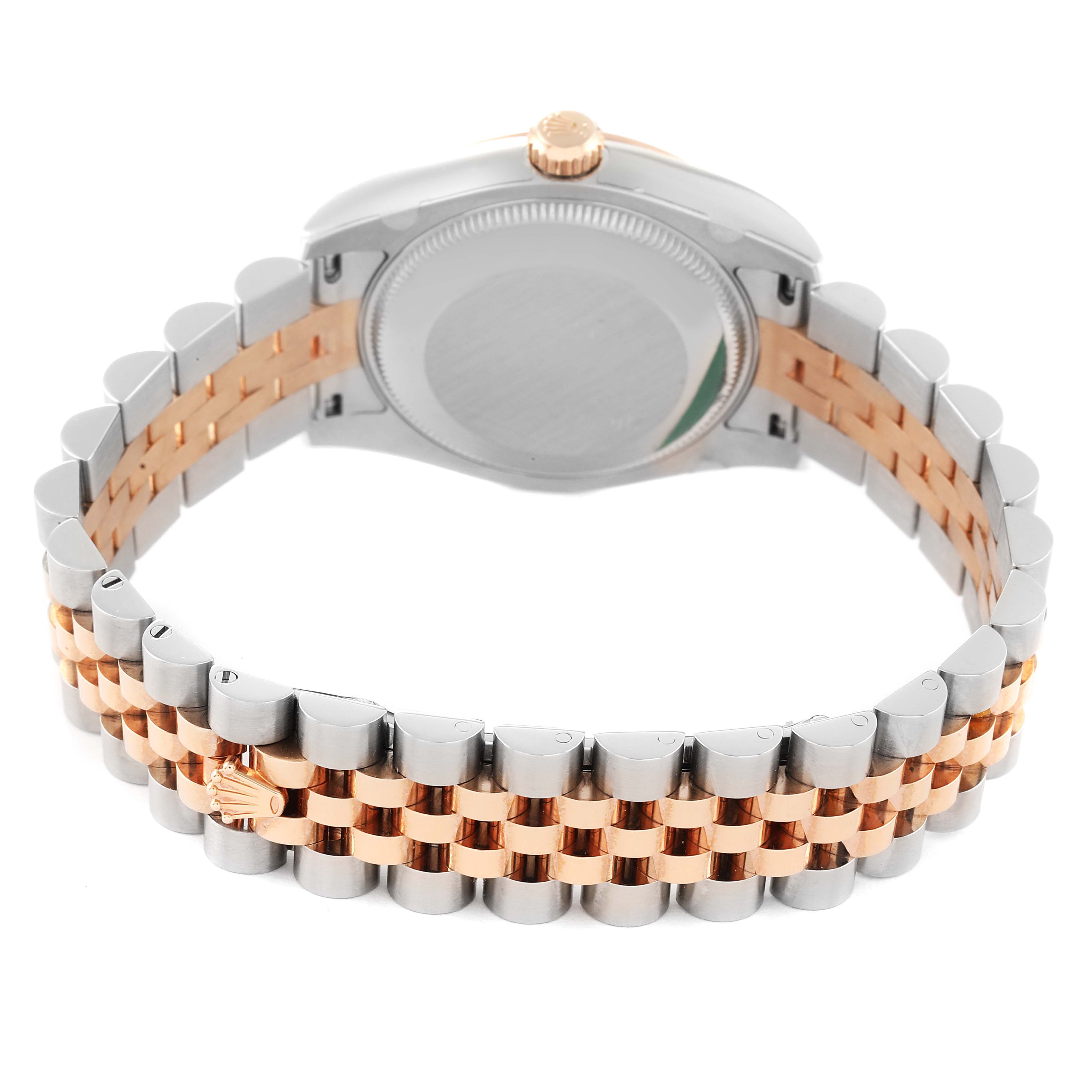 The image shows the back view of a Rolex Mid-Size 178271 Women's Steel and Gold (two tone) White Dial 178271 Women's Steel and Gold (two tone) White Dial model watch, highlighting the casing and two-tone bracelet.