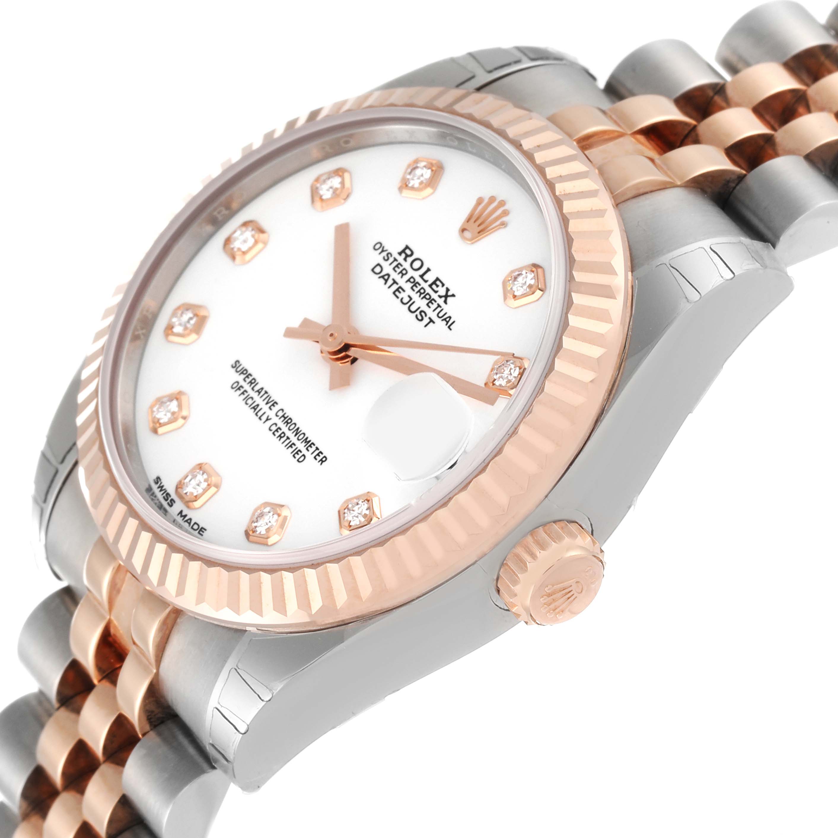 This image shows a Rolex Mid-Size 178271 Women's Steel and Gold (two tone) White Dial 178271 Women's Steel and Gold (two tone) White Dial Datejust watch at an angled view, highlighting the dial, bezel, and part of the bracelet.