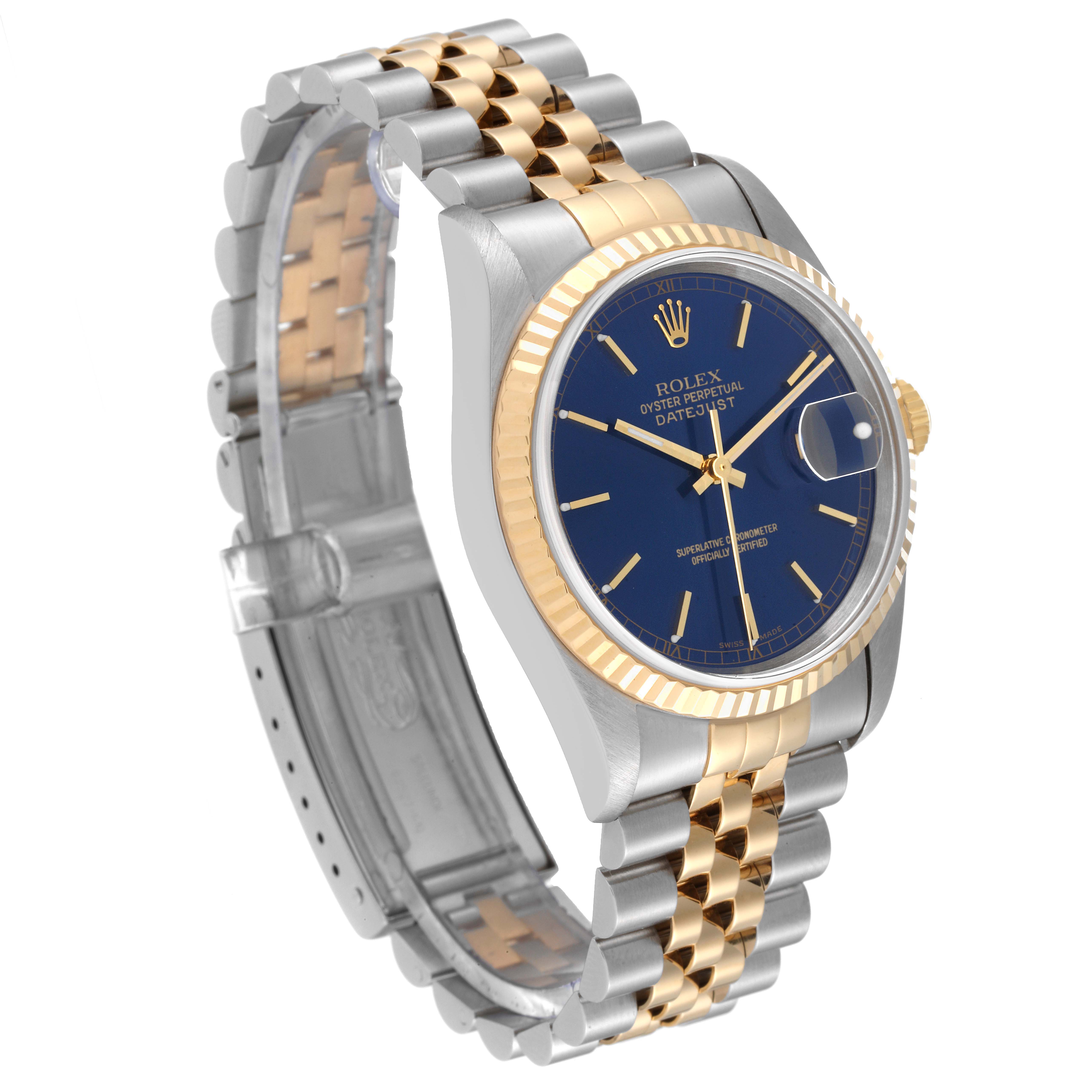 The image shows a Rolex Datejust 16233 Men's Steel and Gold (two tone) Blue Dial 16233 Men's Steel and Gold (two tone) Blue Dial watch at a three-quarter angle, highlighting its blue dial, fluted bezel, and two-tone bracelet.