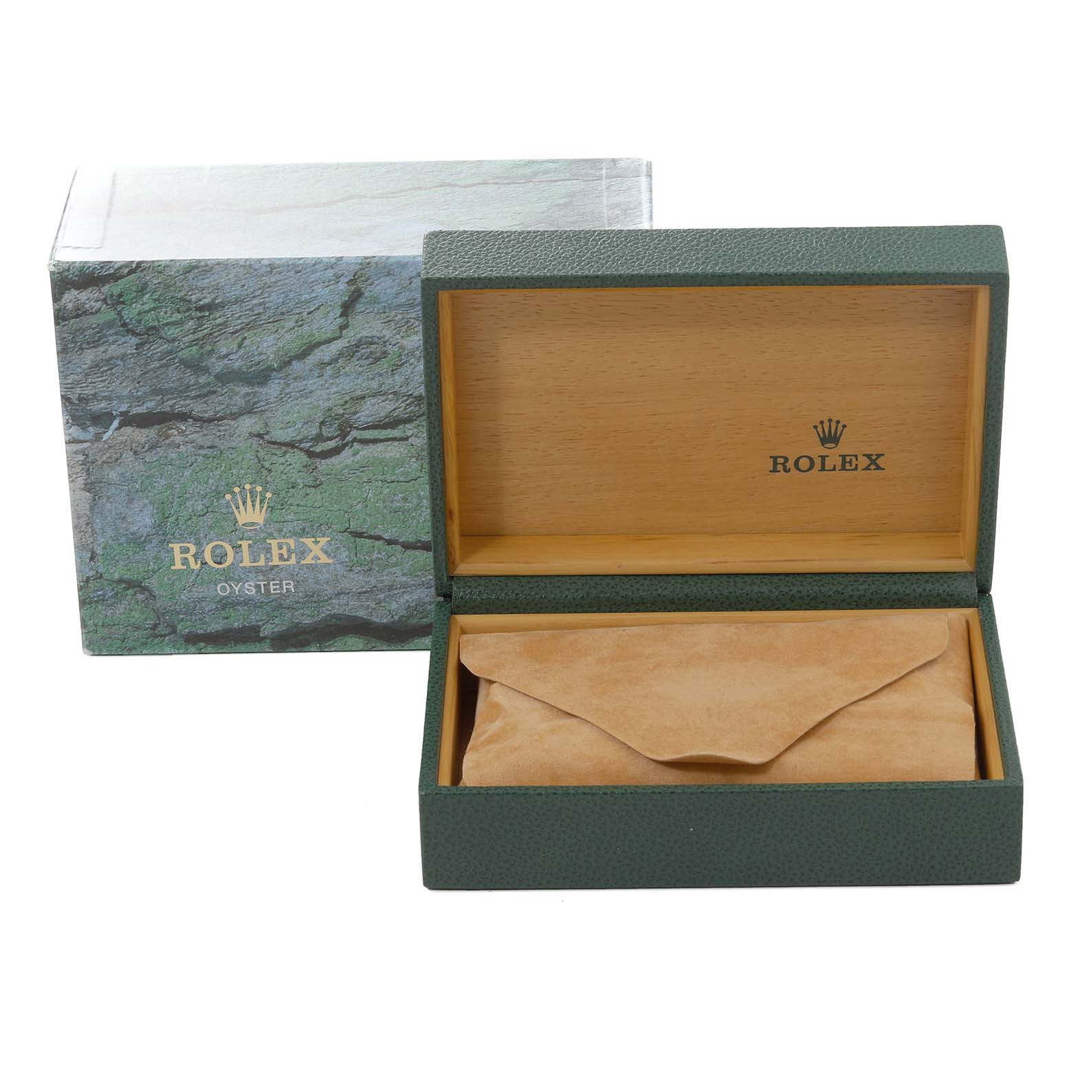 The image shows the packaging box and the open case for a Rolex Datejust 16233 Men's Steel and Gold (two tone) Blue Dial 16233 Men's Steel and Gold (two tone) Blue Dial watch, including the outer box and inner lining.