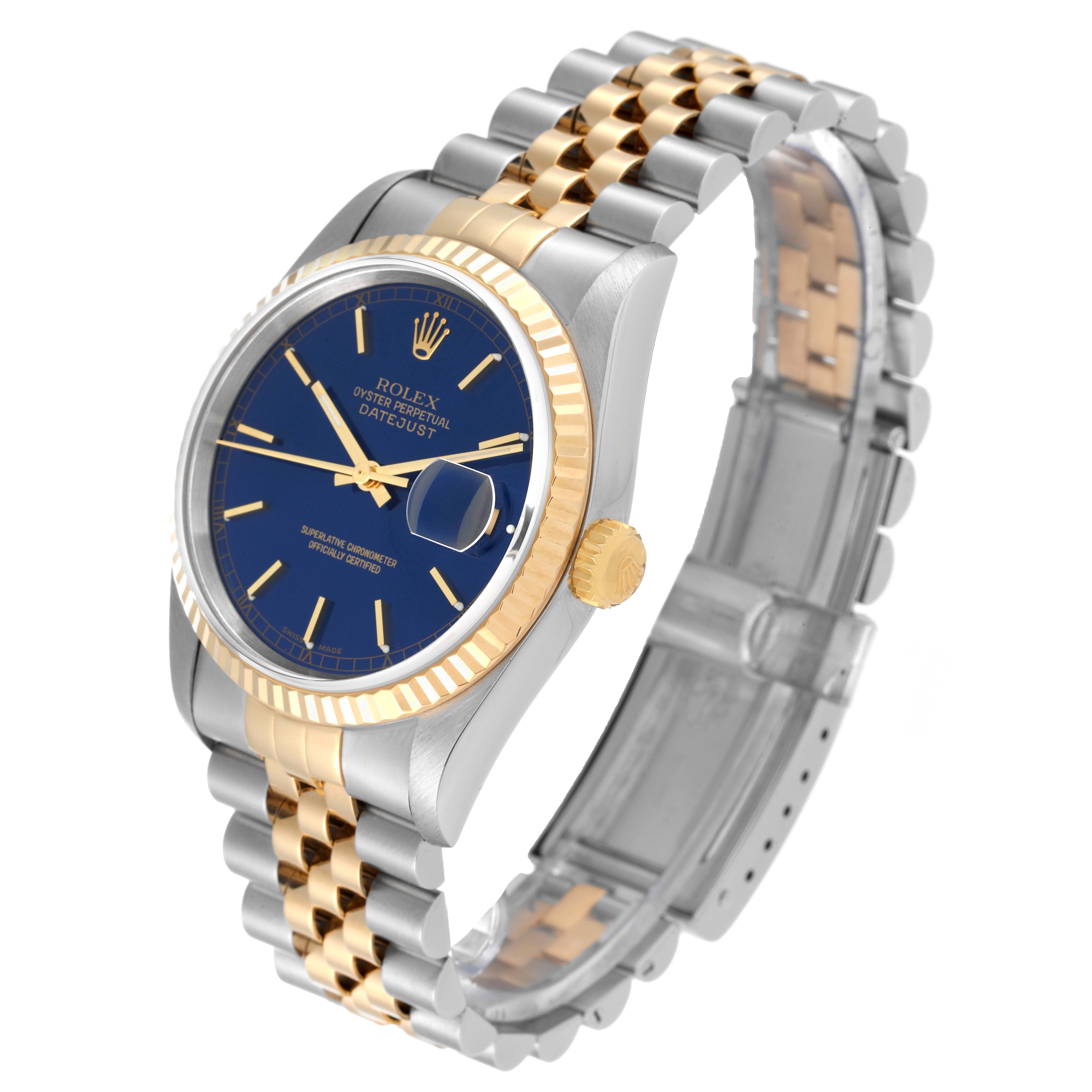 This image shows a Rolex Datejust 16233 Men's Steel and Gold (two tone) Blue Dial 16233 Men's Steel and Gold (two tone) Blue Dial watch at a three-quarter angle, highlighting the face, bezel, and bracelet.