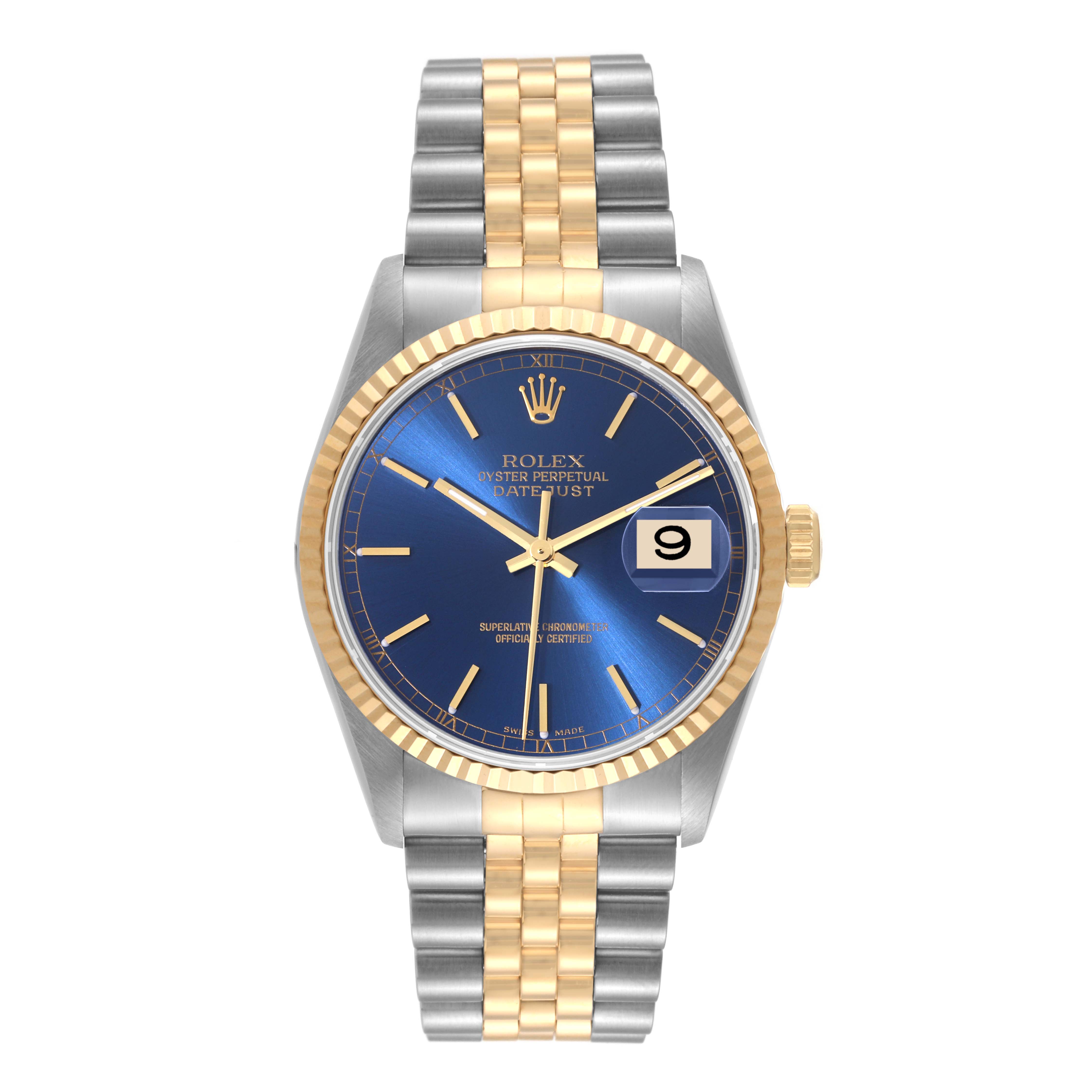This image shows a Rolex Datejust 16233 Men's Steel and Gold (two tone) Blue Dial 16233 Men's Steel and Gold (two tone) Blue Dial watch viewed from the front, highlighting its blue dial, gold fluted bezel, and two-tone bracelet.