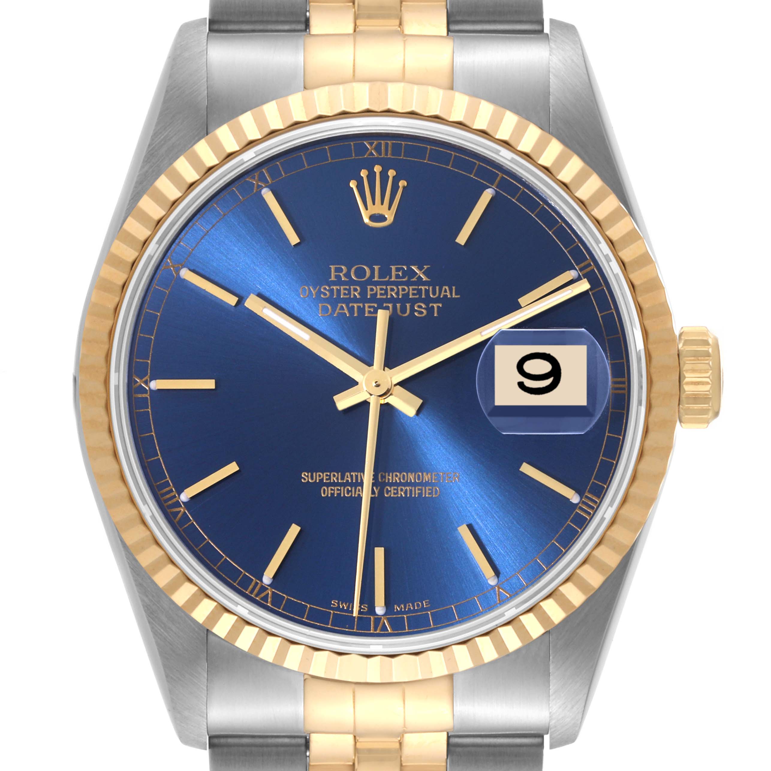 The image shows a Rolex Datejust 16233 Men's Steel and Gold (two tone) Blue Dial 16233 Men's Steel and Gold (two tone) Blue Dial watch from the front, featuring a blue dial, gold fluted bezel, and two-tone metal bracelet.