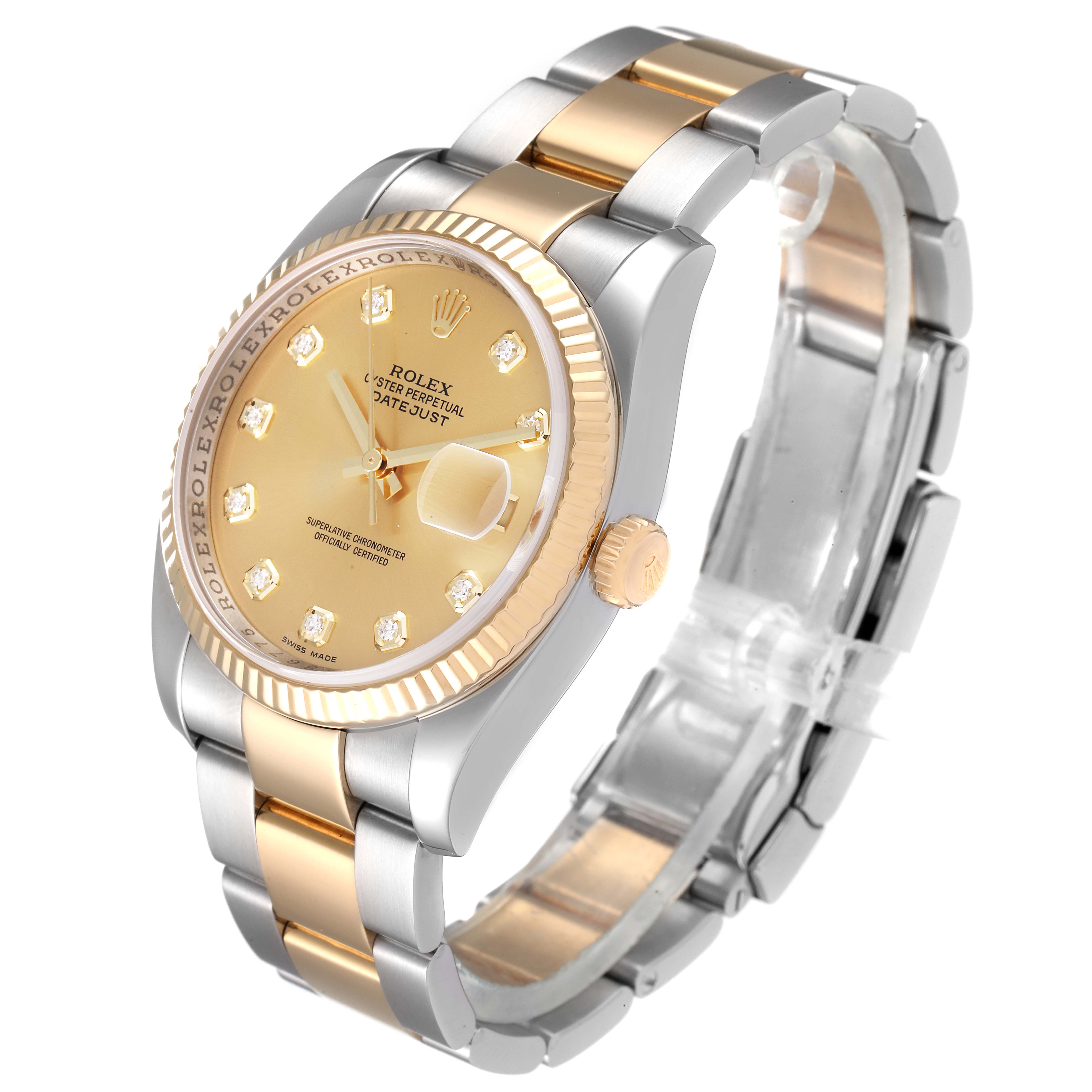 The image shows a Rolex Datejust 116233 Men's Steel and Gold (two tone) Champagne Dial 116233 Men's Steel and Gold (two tone) Champagne Dial watch at a three-quarter angle, highlighting its gold dial, bezel, and two-tone bracelet.