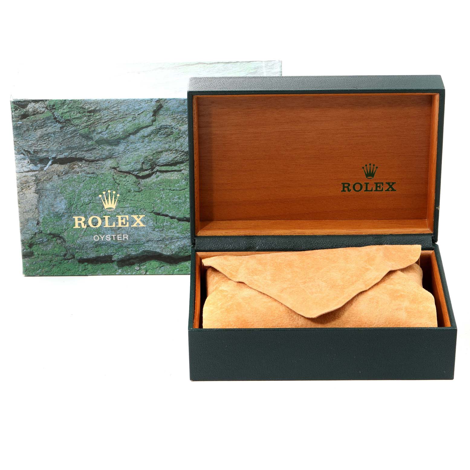 The image shows an open Rolex Datejust 116233 Men's Steel and Gold (two tone) Champagne Dial 116233 Men's Steel and Gold (two tone) Champagne Dial box and its outer cover, with a suede cloth inside the box.