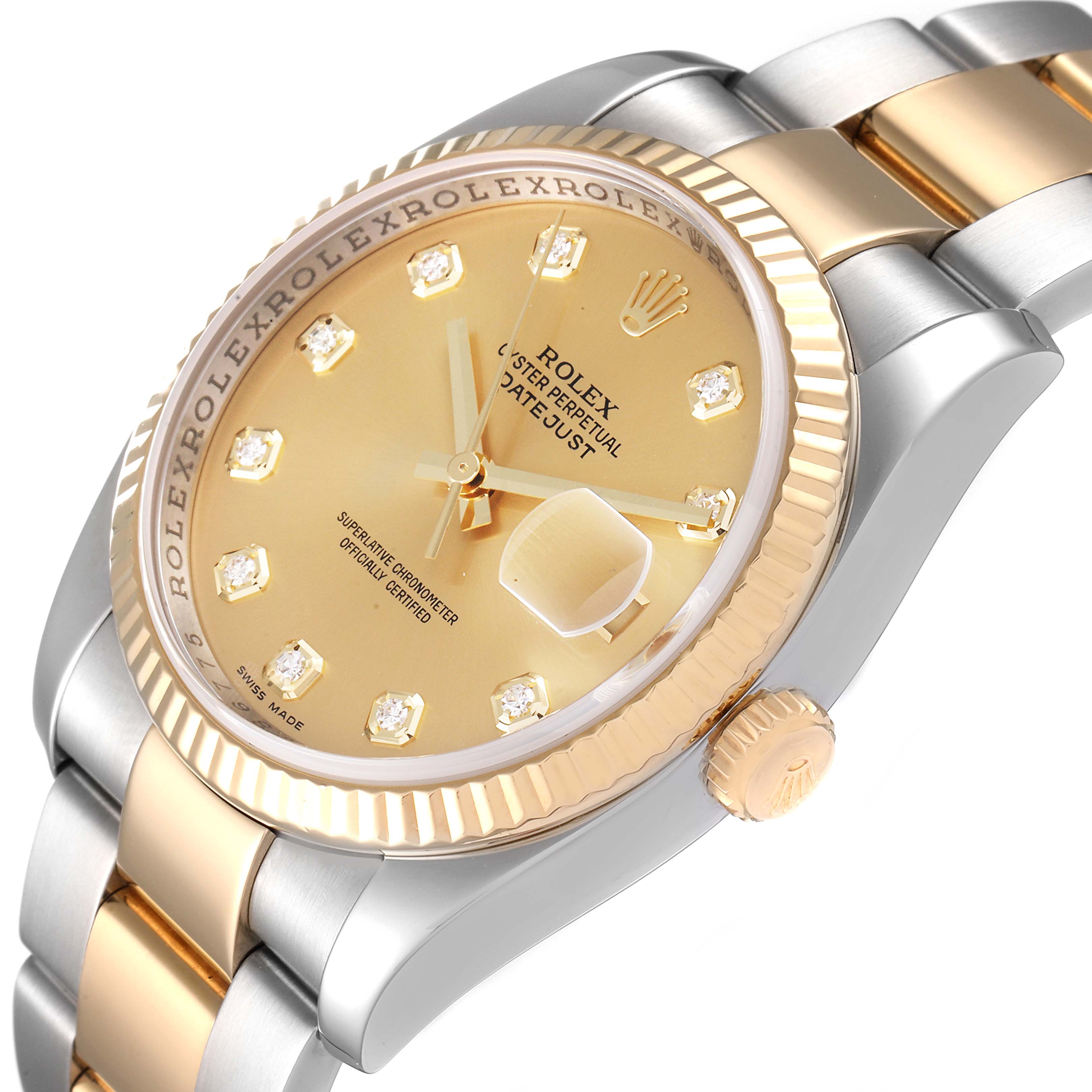 The image shows a close-up of a Rolex Datejust 116233 Men's Steel and Gold (two tone) Champagne Dial 116233 Men's Steel and Gold (two tone) Champagne Dial watch displaying its dial, bezel, band, and crown from an angled side view.