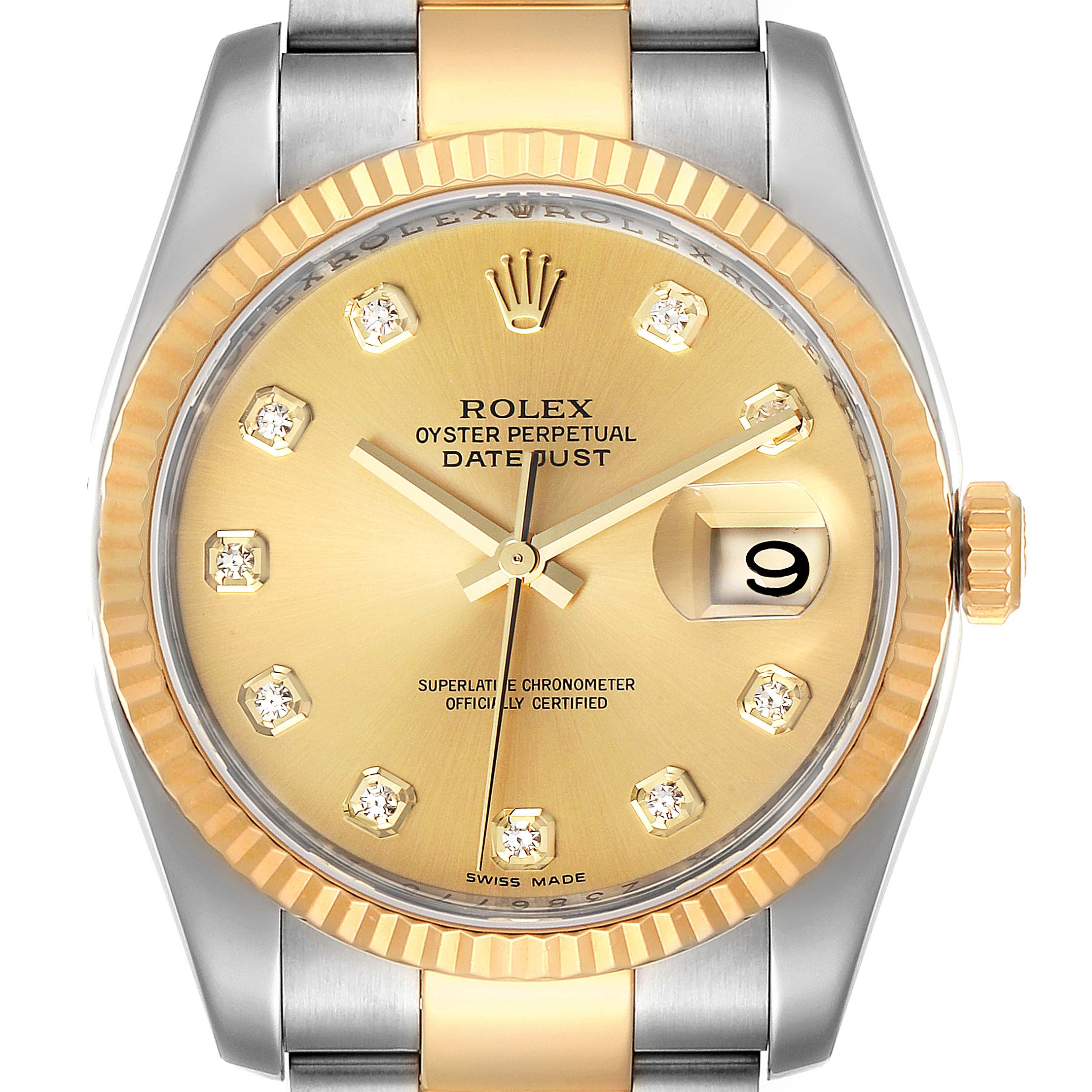 This image shows a close-up of the Rolex Datejust 116233 Men's Steel and Gold (two tone) Champagne Dial 116233 Men's Steel and Gold (two tone) Champagne Dial watch face, bezel, and part of the bracelet.