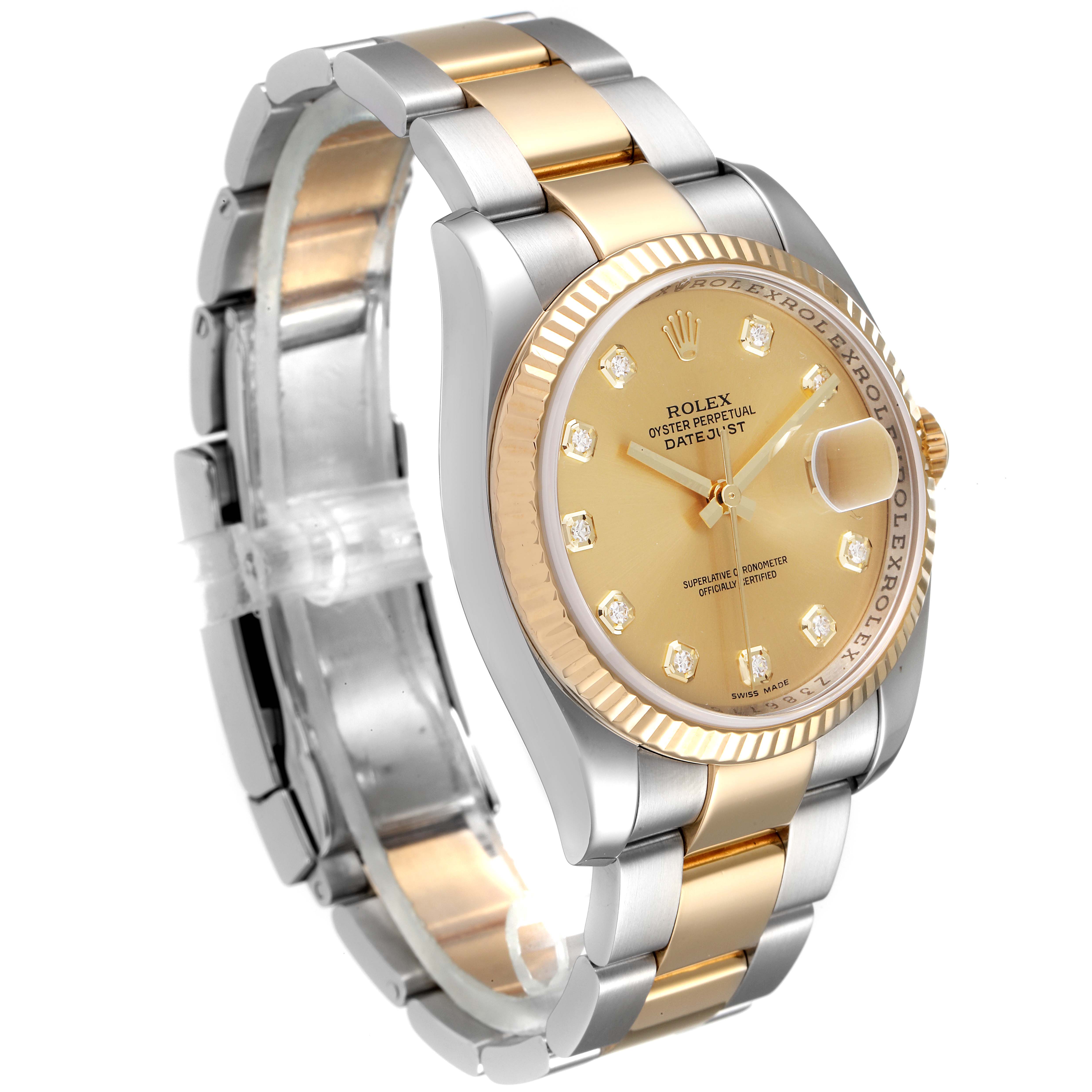 The image shows a Rolex Datejust 116233 Men's Steel and Gold (two tone) Champagne Dial 116233 Men's Steel and Gold (two tone) Champagne Dial watch at a three-quarter angle, displaying the face, bezel, and bracelet.