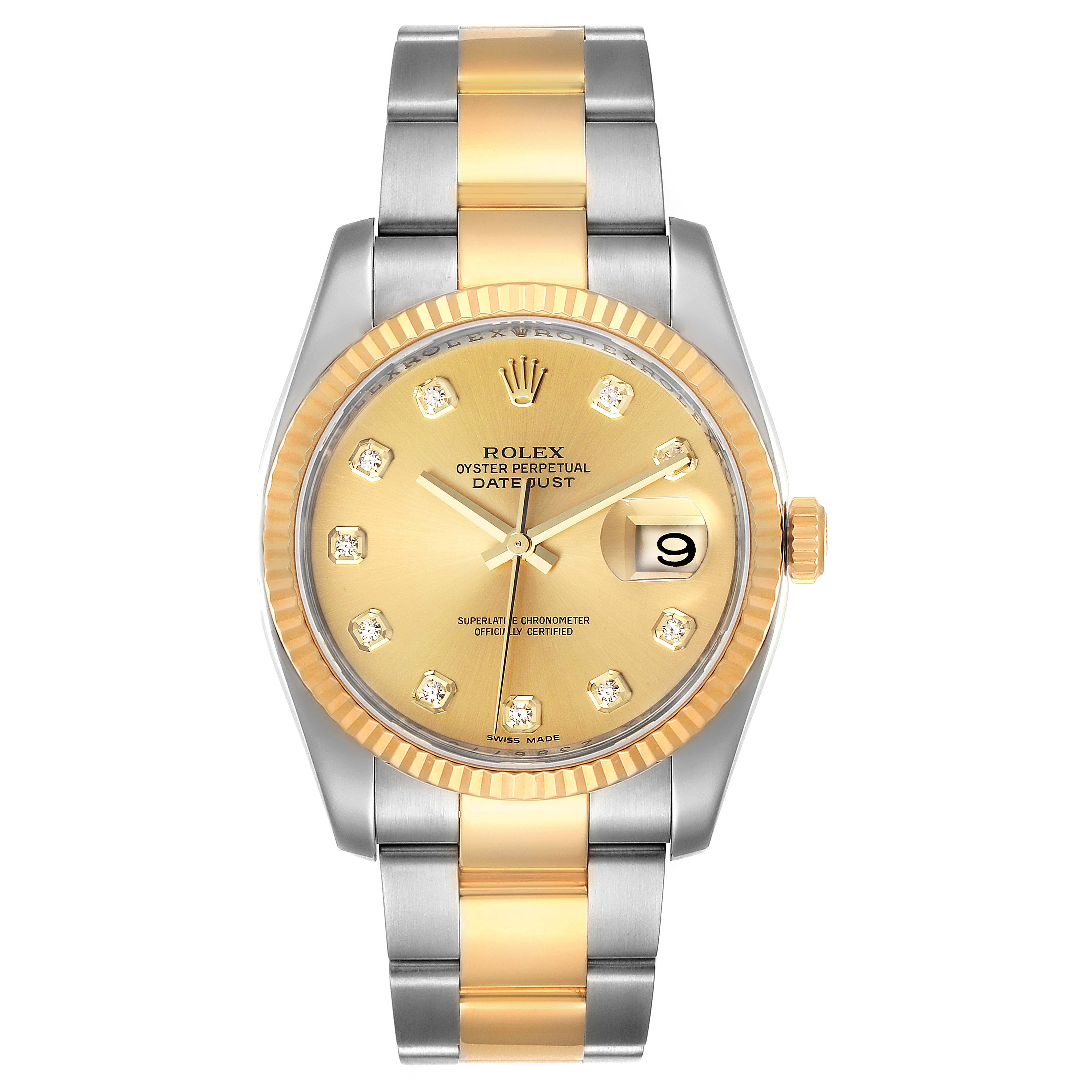 The image shows a front view of a Rolex Datejust 116233 Men's Steel and Gold (two tone) Champagne Dial 116233 Men's Steel and Gold (two tone) Champagne Dial watch with a gold dial, diamond hour markers, and a two-tone metal bracelet.