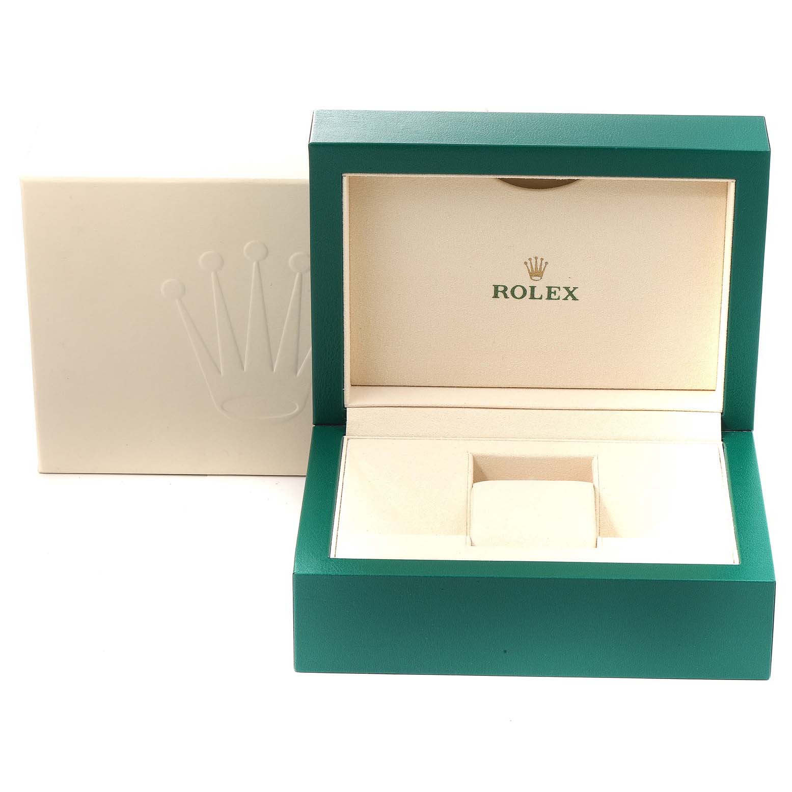 The image shows an open Rolex Datejust 116231 Men's Steel and Gold (two tone) Silver Dial 116231 Men's Steel and Gold (two tone) Silver Dial watch box, featuring a green exterior and a cream-colored interior with a Rolex logo.