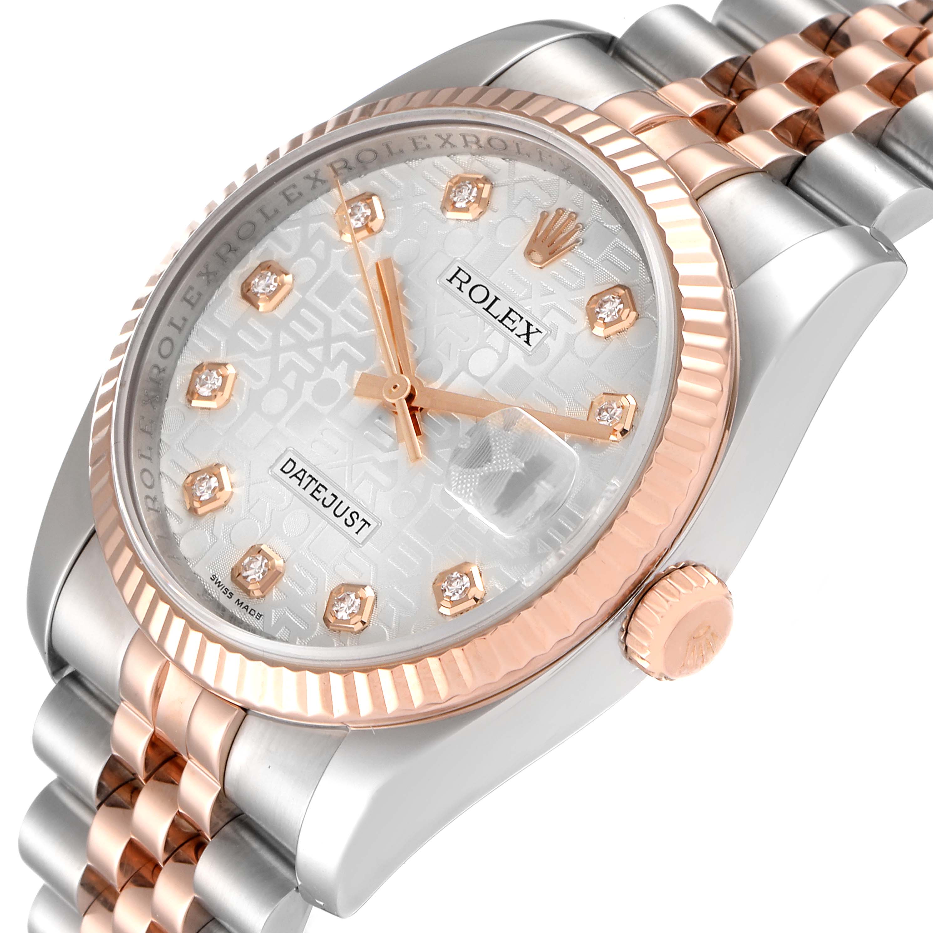 The image shows a close-up angled view of a Rolex Datejust 116231 Men's Steel and Gold (two tone) Silver Dial 116231 Men's Steel and Gold (two tone) Silver Dial watch, highlighting the dial, bezel, crown, and part of the bracelet.