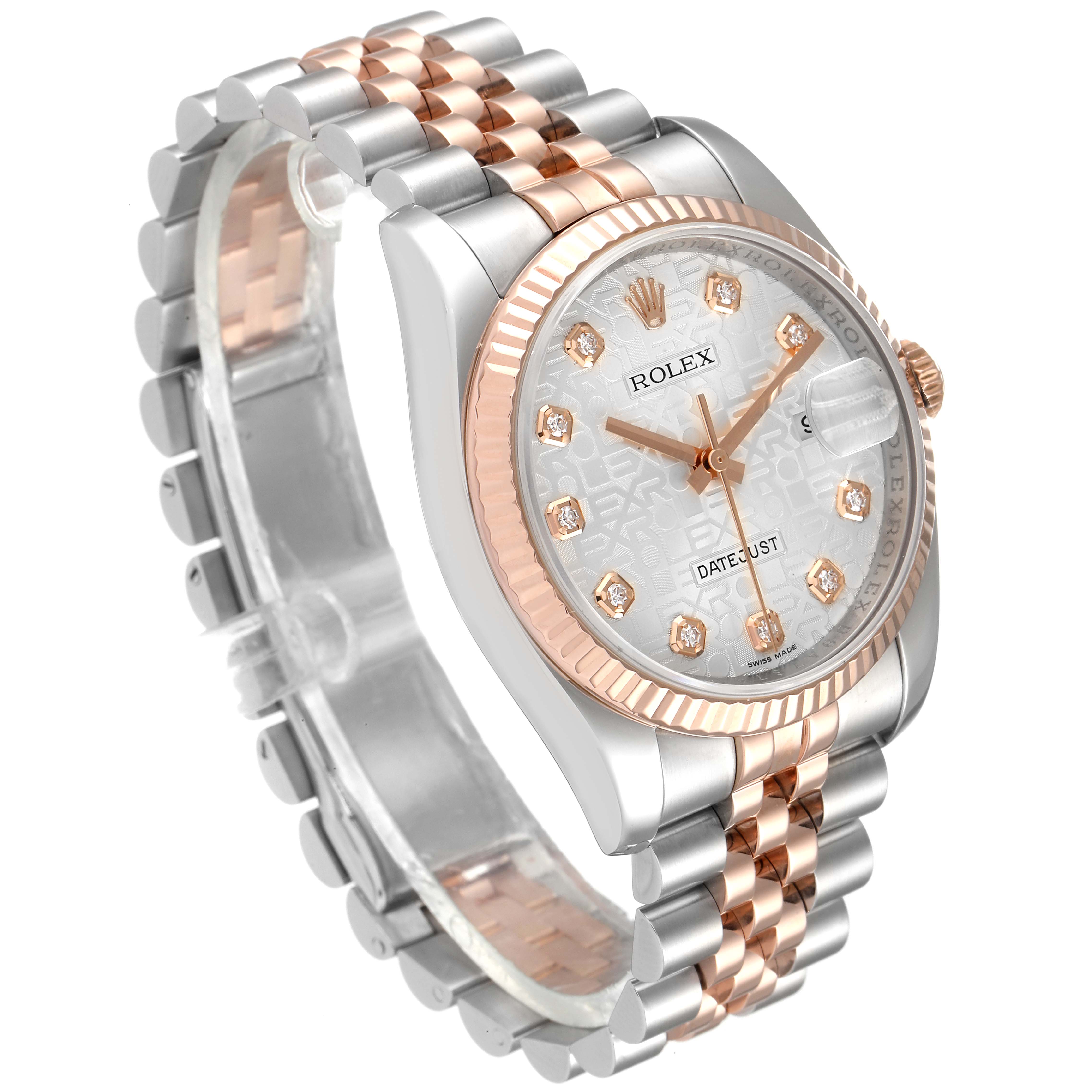 The Rolex Datejust 116231 Men's Steel and Gold (two tone) Silver Dial 116231 Men's Steel and Gold (two tone) Silver Dial watch is shown at an angled side view, highlighting its dial, bezel, crown, and two-tone bracelet.