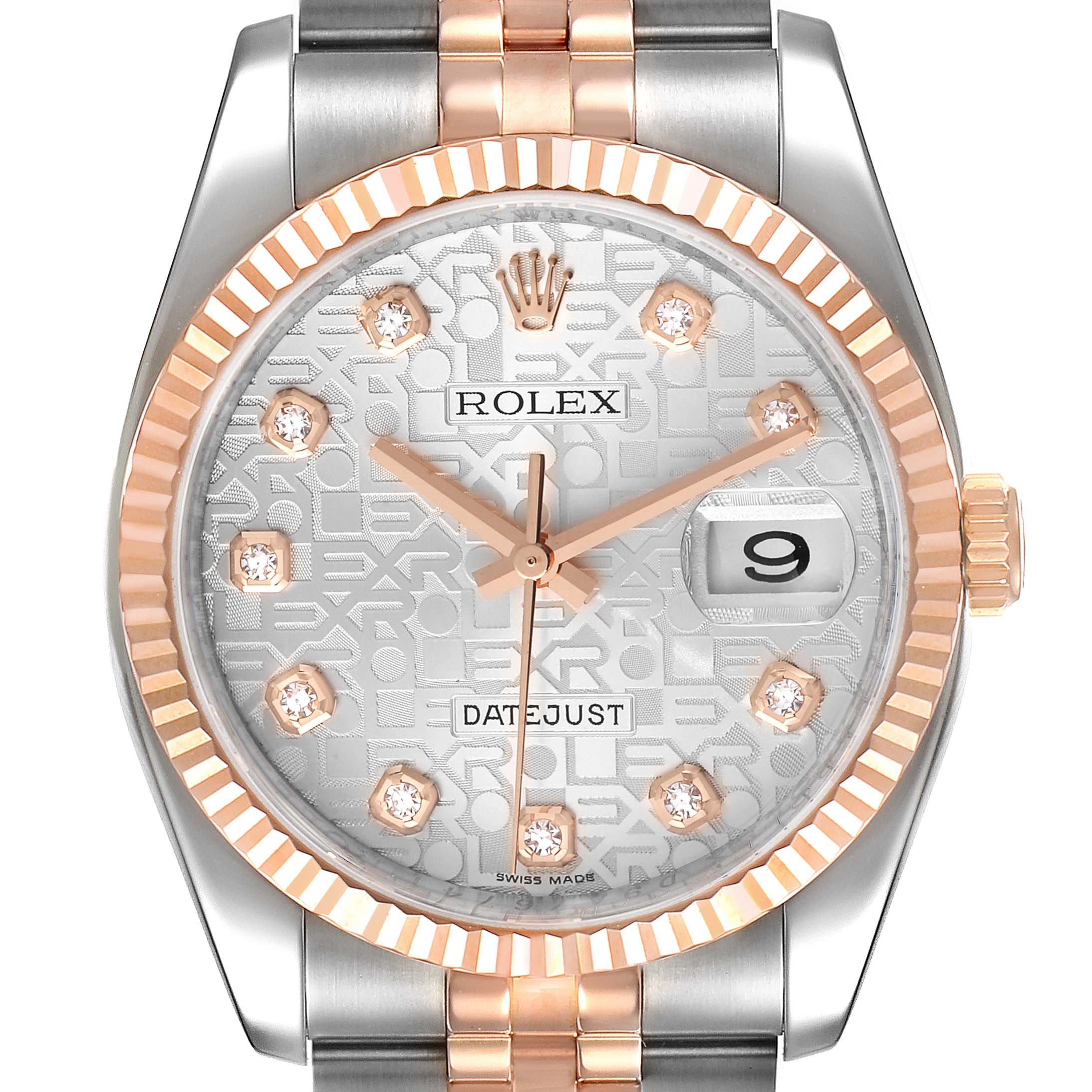 This image shows the dial and bezel of a Rolex Datejust 116231 Men's Steel and Gold (two tone) Silver Dial 116231 Men's Steel and Gold (two tone) Silver Dial watch, viewed from the front.