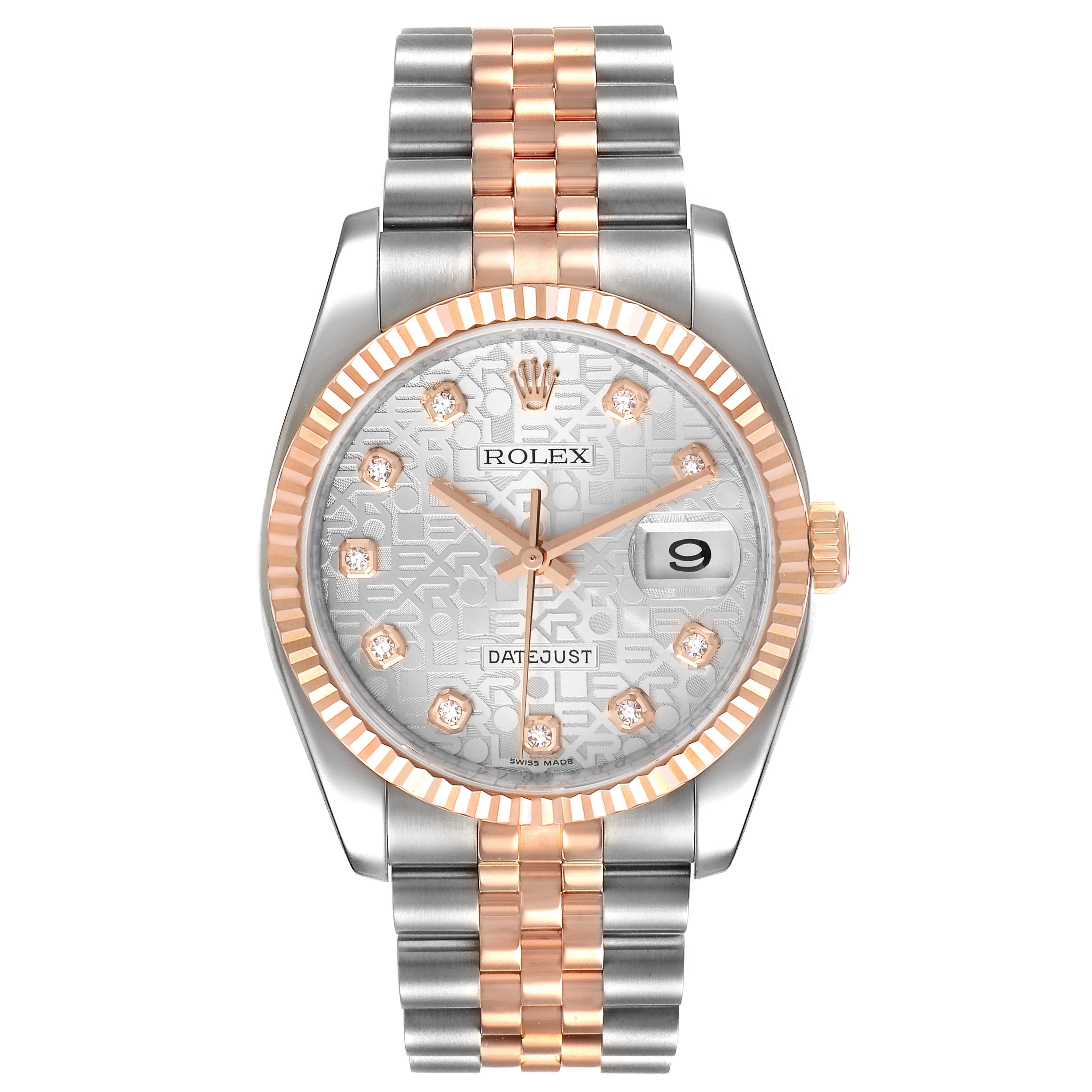 The Rolex Datejust 116231 Men's Steel and Gold (two tone) Silver Dial 116231 Men's Steel and Gold (two tone) Silver Dial watch is shown from a top-down angle, displaying the face, bezel, dial, and bracelet.