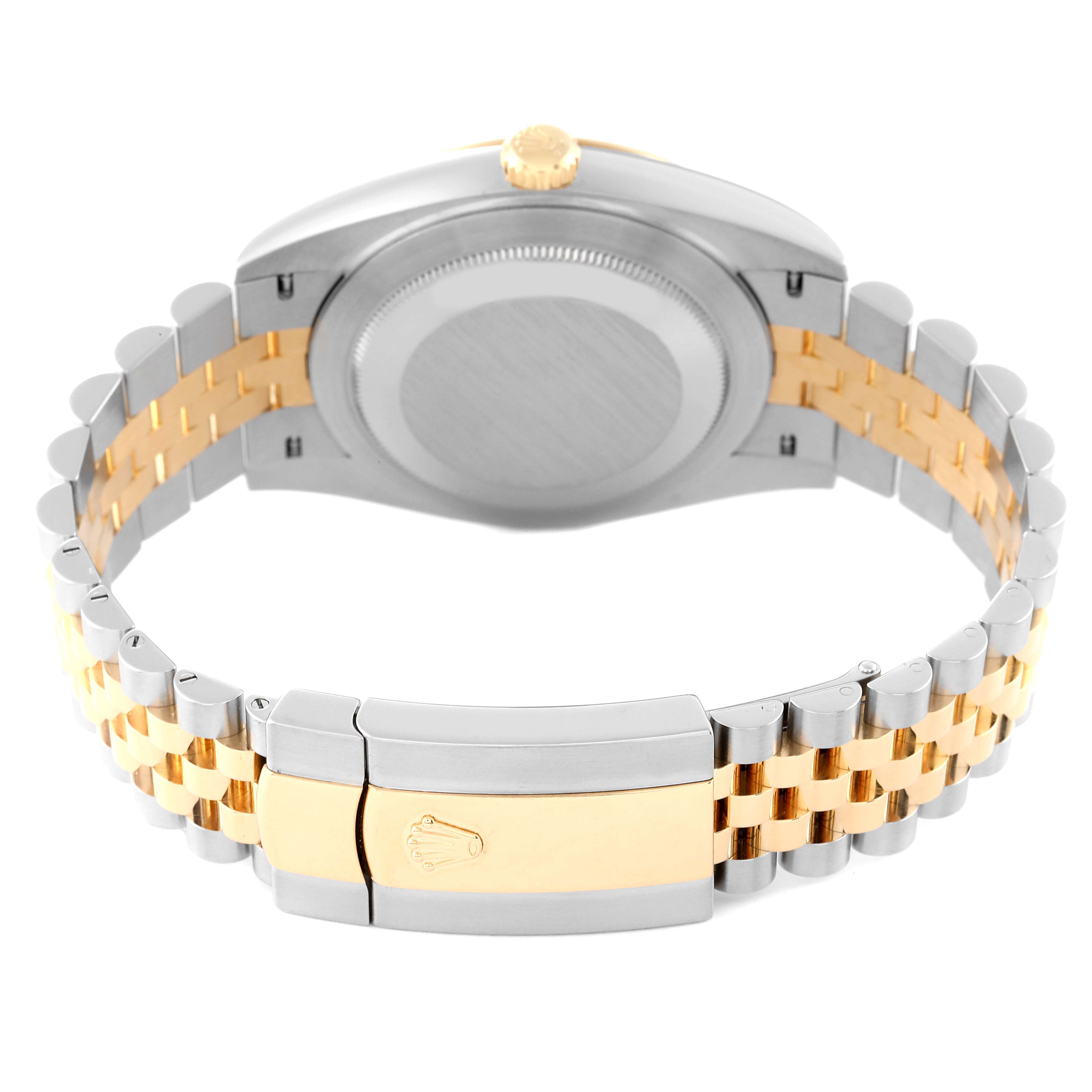 The image shows the back view of a Rolex Datejust 41 126303 Men's Steel and Gold (two tone) Black Dial 126303 Men's Steel and Gold (two tone) Black Dial watch, highlighting its case back, crown, and two-tone bracelet with clasp.