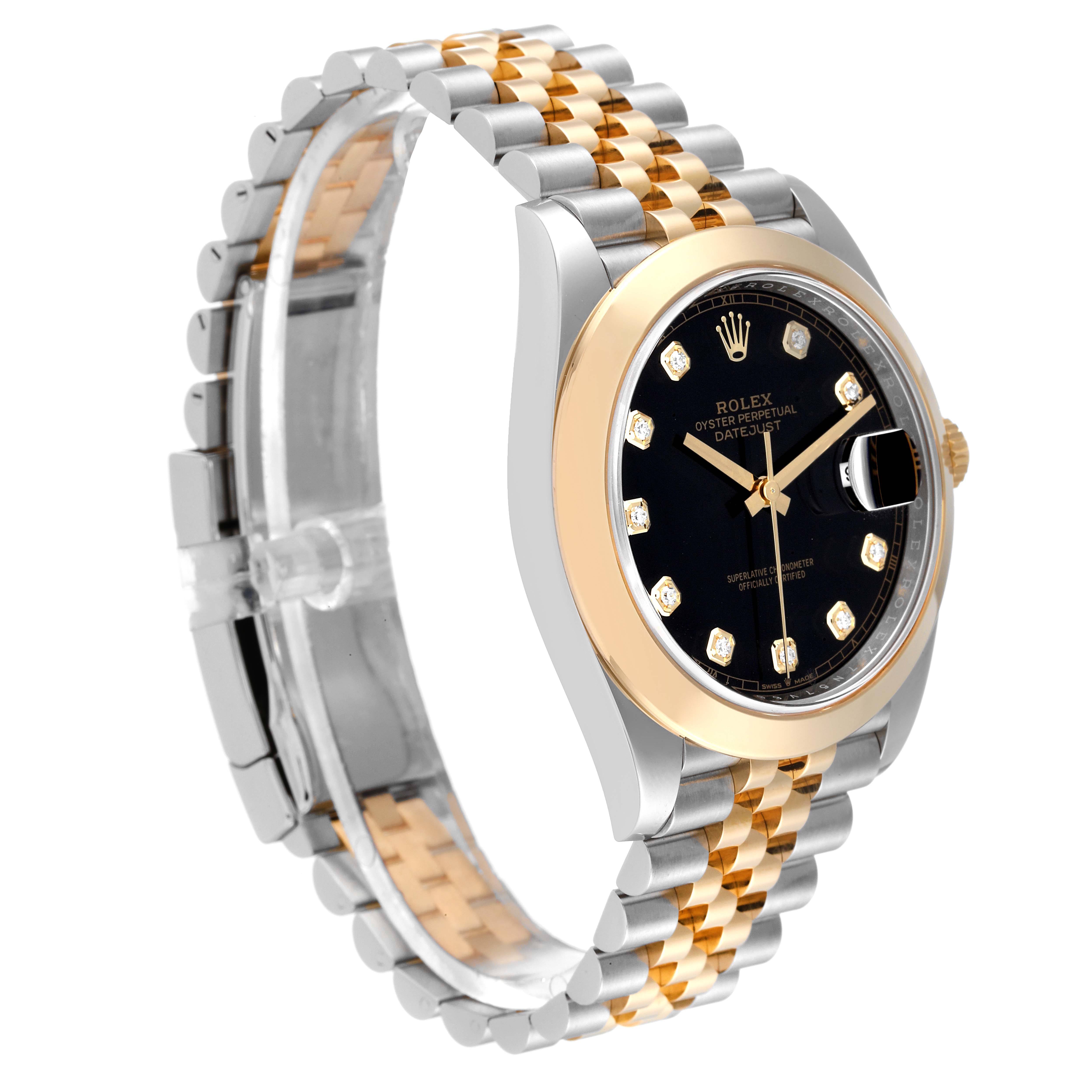 The image displays the Rolex Datejust 41 126303 Men's Steel and Gold (two tone) Black Dial 126303 Men's Steel and Gold (two tone) Black Dial watch from an angled side view, showcasing its two-tone bracelet, black dial, and gold bezel.