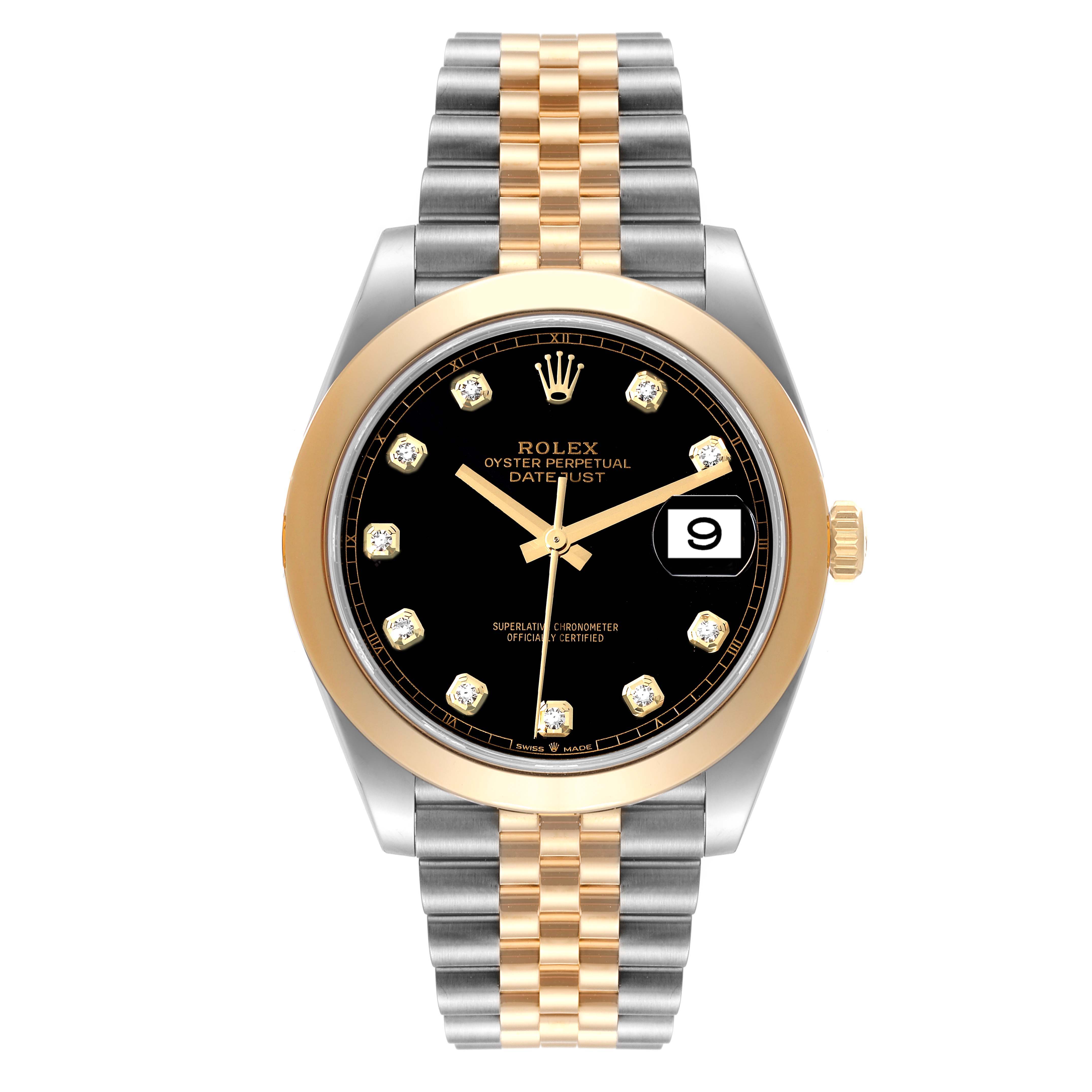 The Rolex Datejust 41 126303 Men's Steel and Gold (two tone) Black Dial 126303 Men's Steel and Gold (two tone) Black Dial watch is shown from a front angle, highlighting its two-tone bracelet, black dial, and date window.