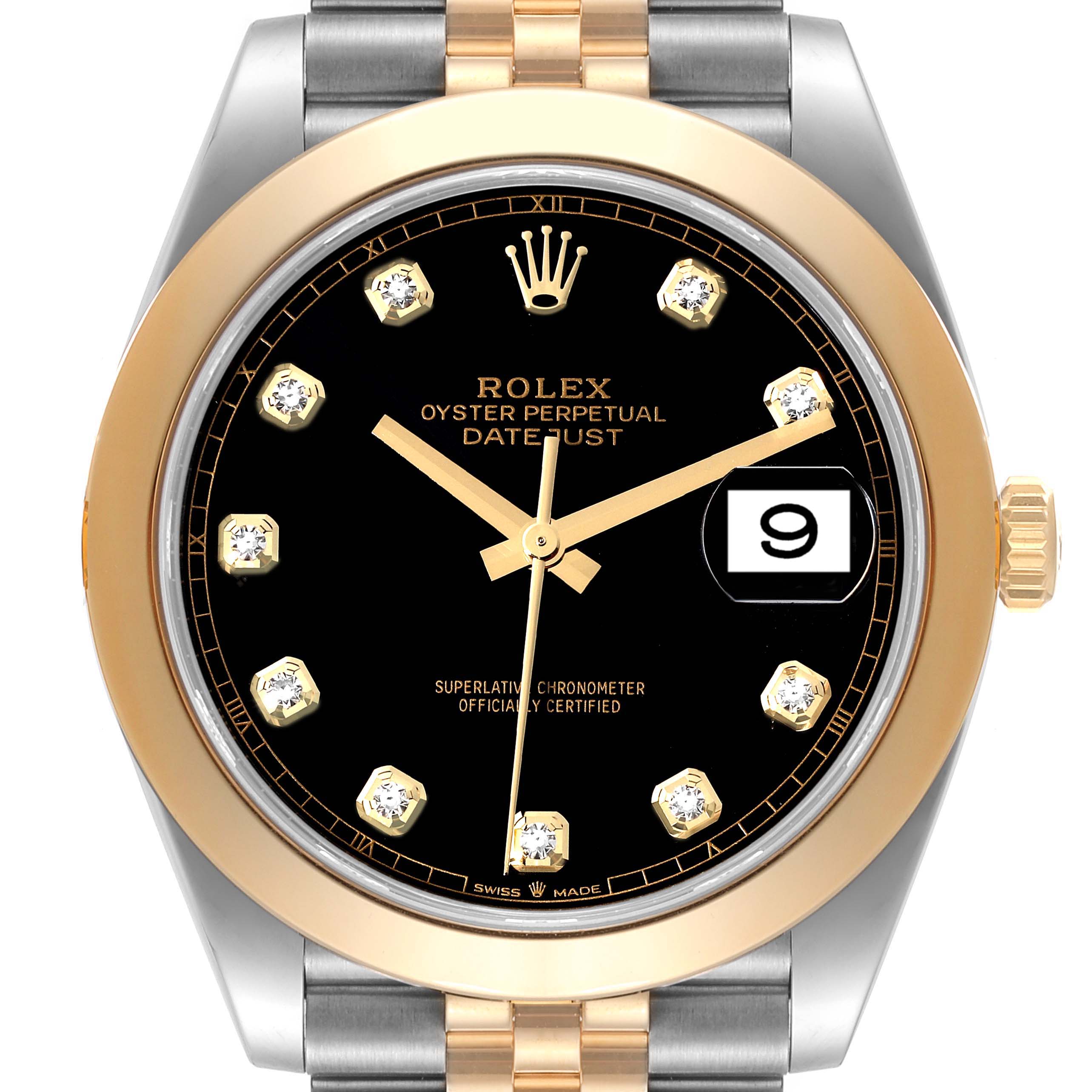 This image shows a Rolex Datejust 41 126303 Men's Steel and Gold (two tone) Black Dial 126303 Men's Steel and Gold (two tone) Black Dial watch face, highlighting the two-tone bezel, bracelet, date display, and diamond hour markers.