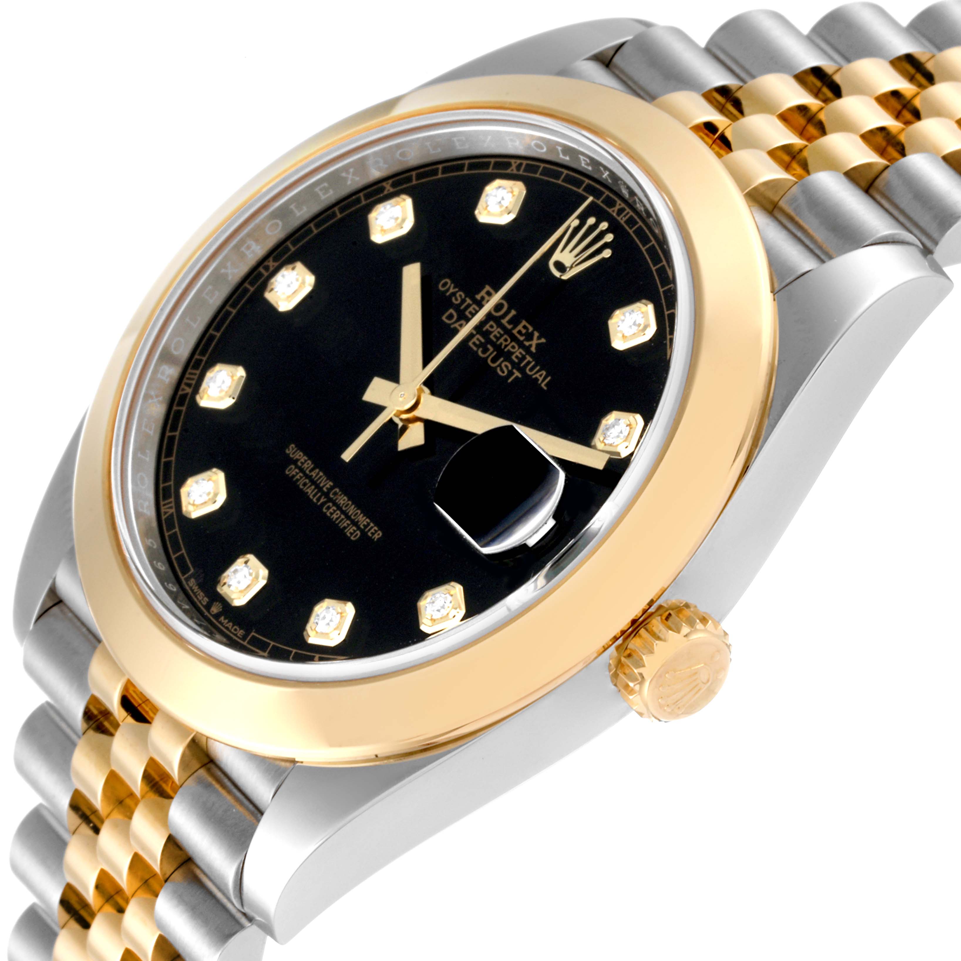 The image shows a close-up angled view of the Rolex Datejust 41 126303 Men's Steel and Gold (two tone) Black Dial 126303 Men's Steel and Gold (two tone) Black Dial watch, highlighting the dial, bezel, crown, and bracelet.