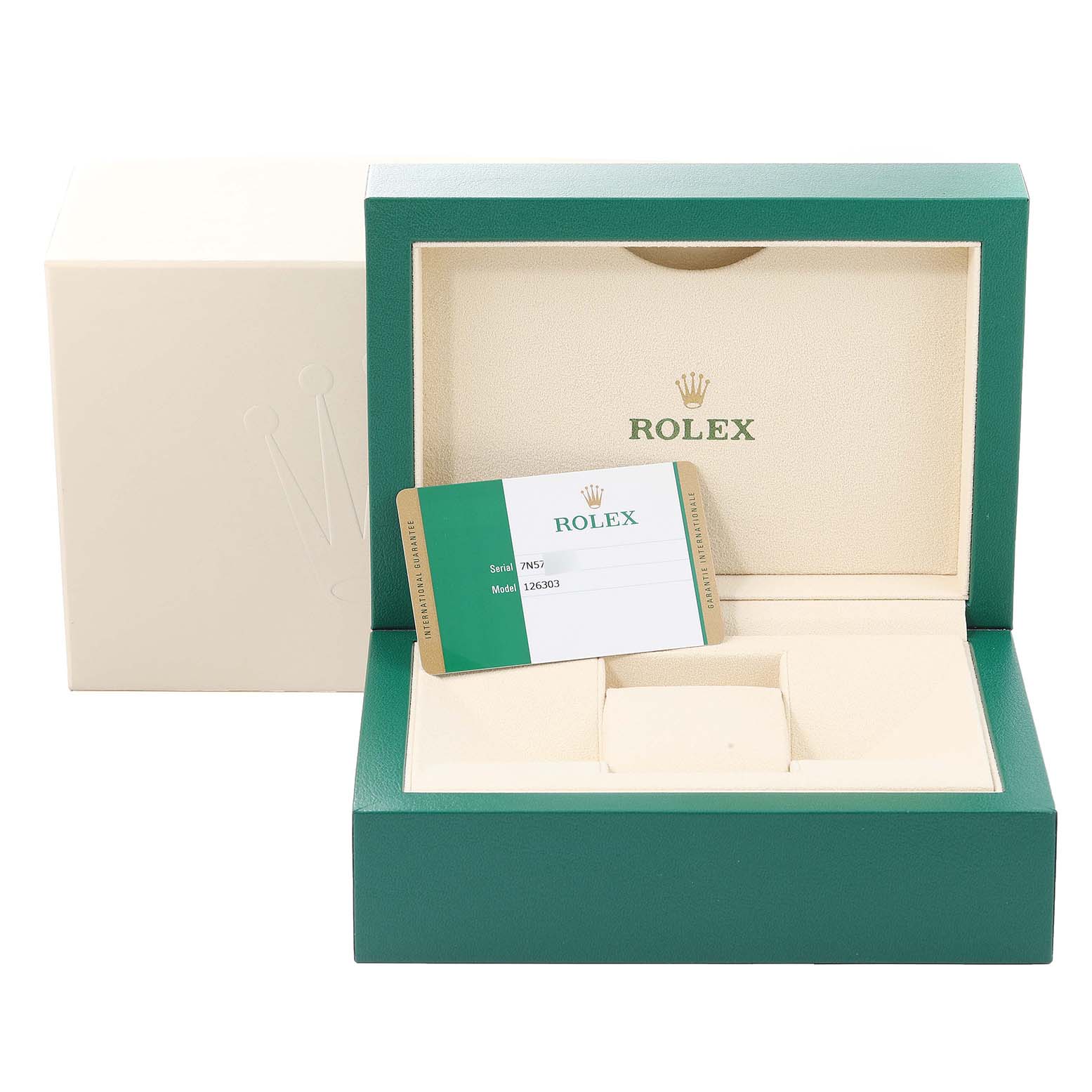 The image shows the open box and warranty card for a Rolex Datejust 41 126303 Men's Steel and Gold (two tone) Black Dial 126303 Men's Steel and Gold (two tone) Black Dial model.