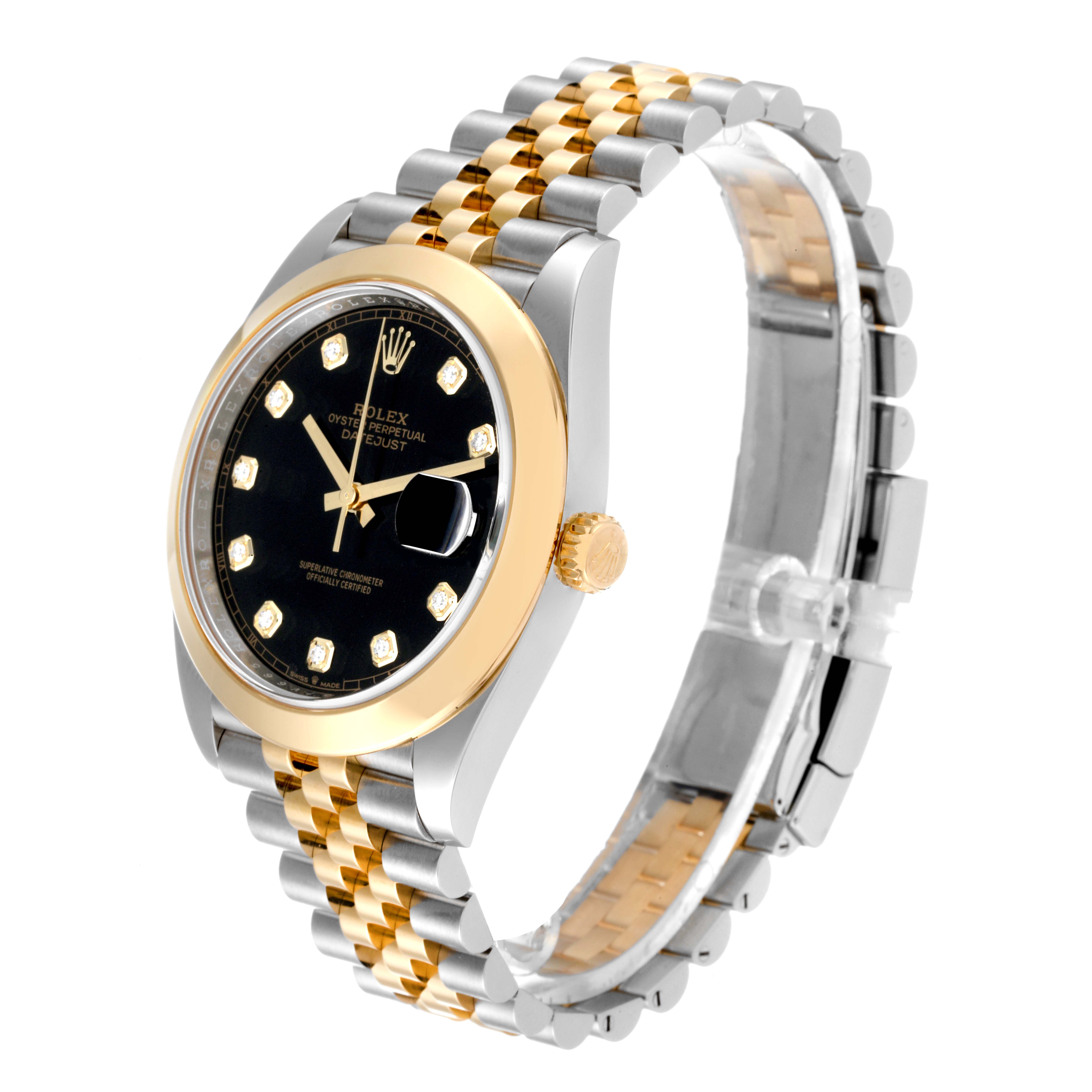 The Rolex Datejust 41 126303 Men's Steel and Gold (two tone) Black Dial 126303 Men's Steel and Gold (two tone) Black Dial watch is shown at a three-quarter angle, displaying its two-tone bracelet, black dial, and gold bezel.