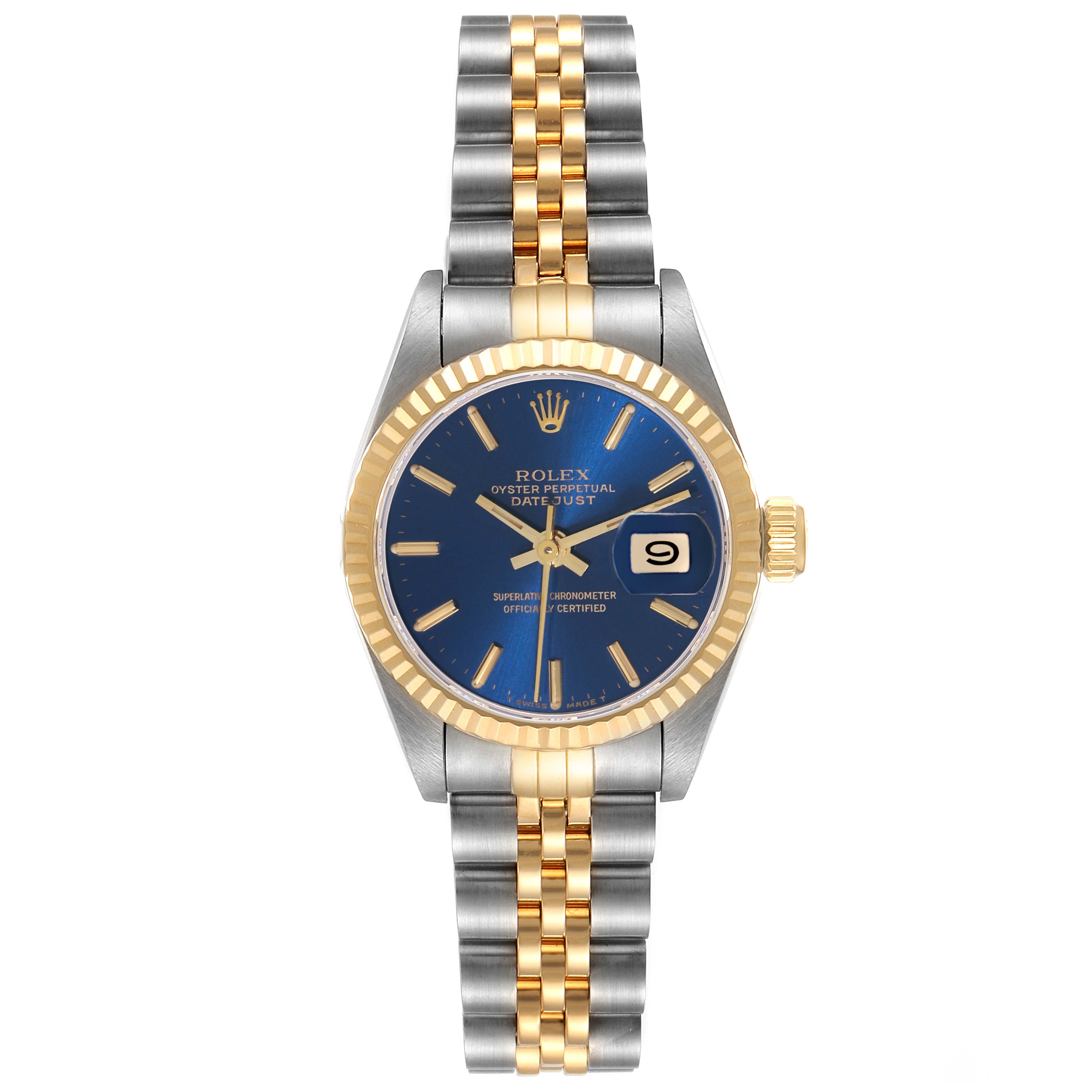 This image shows a front view of the Rolex Datejust 69173 Women's Steel and Gold (two tone) Blue Dial 69173 Women's Steel and Gold (two tone) Blue Dial watch, highlighting its blue dial, two-tone bracelet, and date display.
