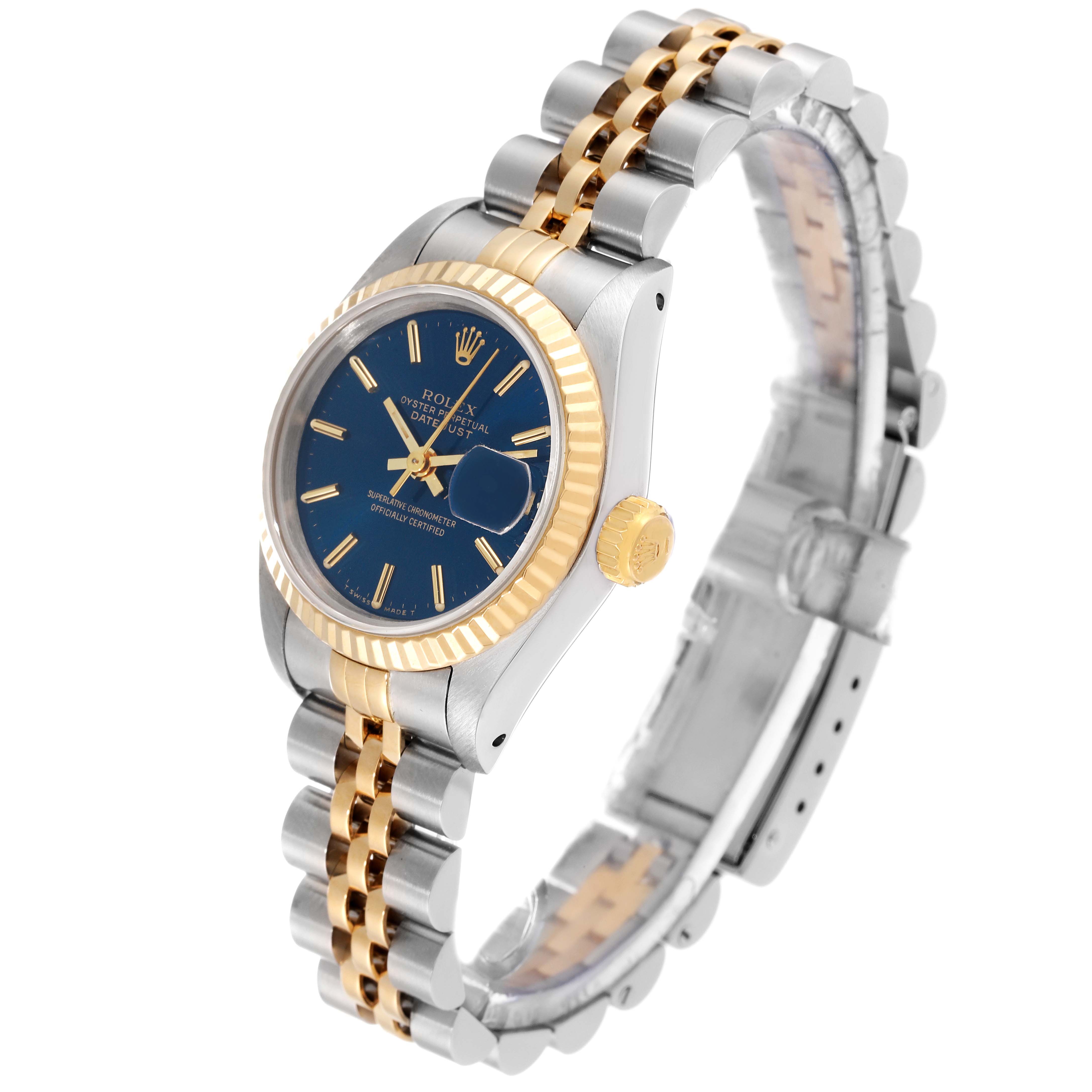 The Rolex Datejust 69173 Women's Steel and Gold (two tone) Blue Dial 69173 Women's Steel and Gold (two tone) Blue Dial watch is shown at a side angle, highlighting the face, crown, fluted bezel, and the two-tone jubilee bracelet.