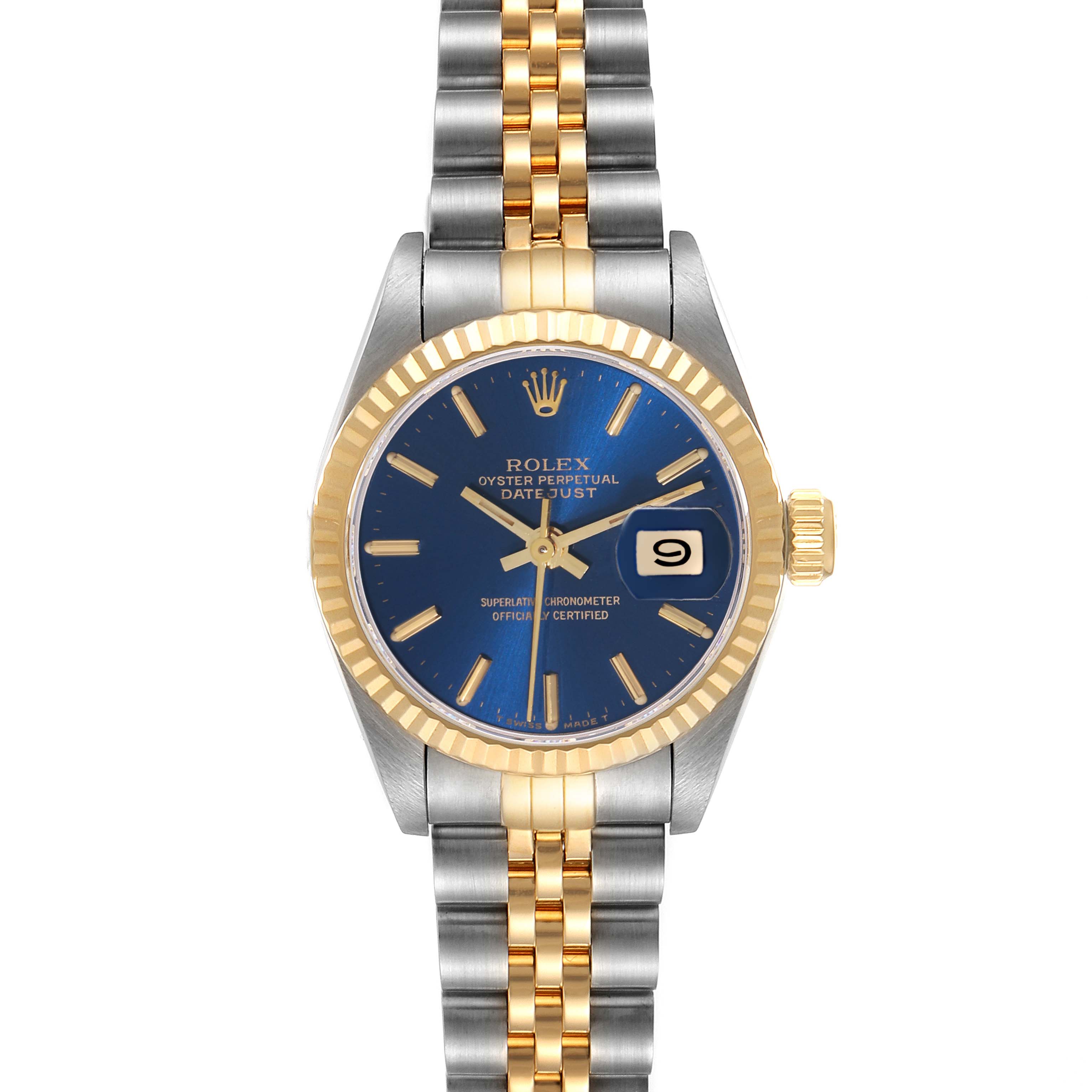 This is a front view of a Rolex Datejust 69173 Women's Steel and Gold (two tone) Blue Dial 69173 Women's Steel and Gold (two tone) Blue Dial watch, showcasing the dial, bezel, crown, and bracelet.