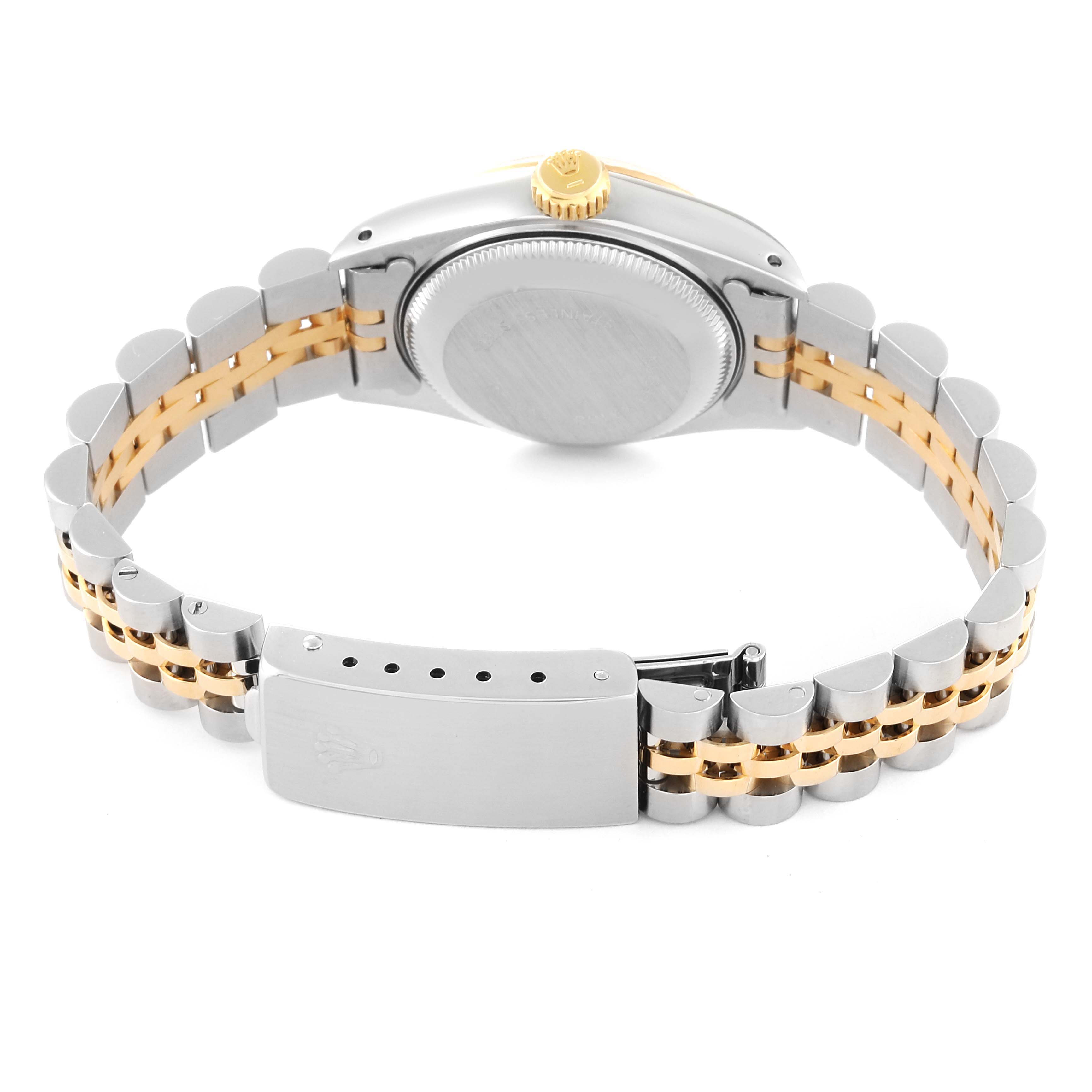 The image shows the back of the Rolex Datejust 69173 Women's Steel and Gold (two tone) Blue Dial 69173 Women's Steel and Gold (two tone) Blue Dial watch, highlighting its two-tone bracelet and clasp.