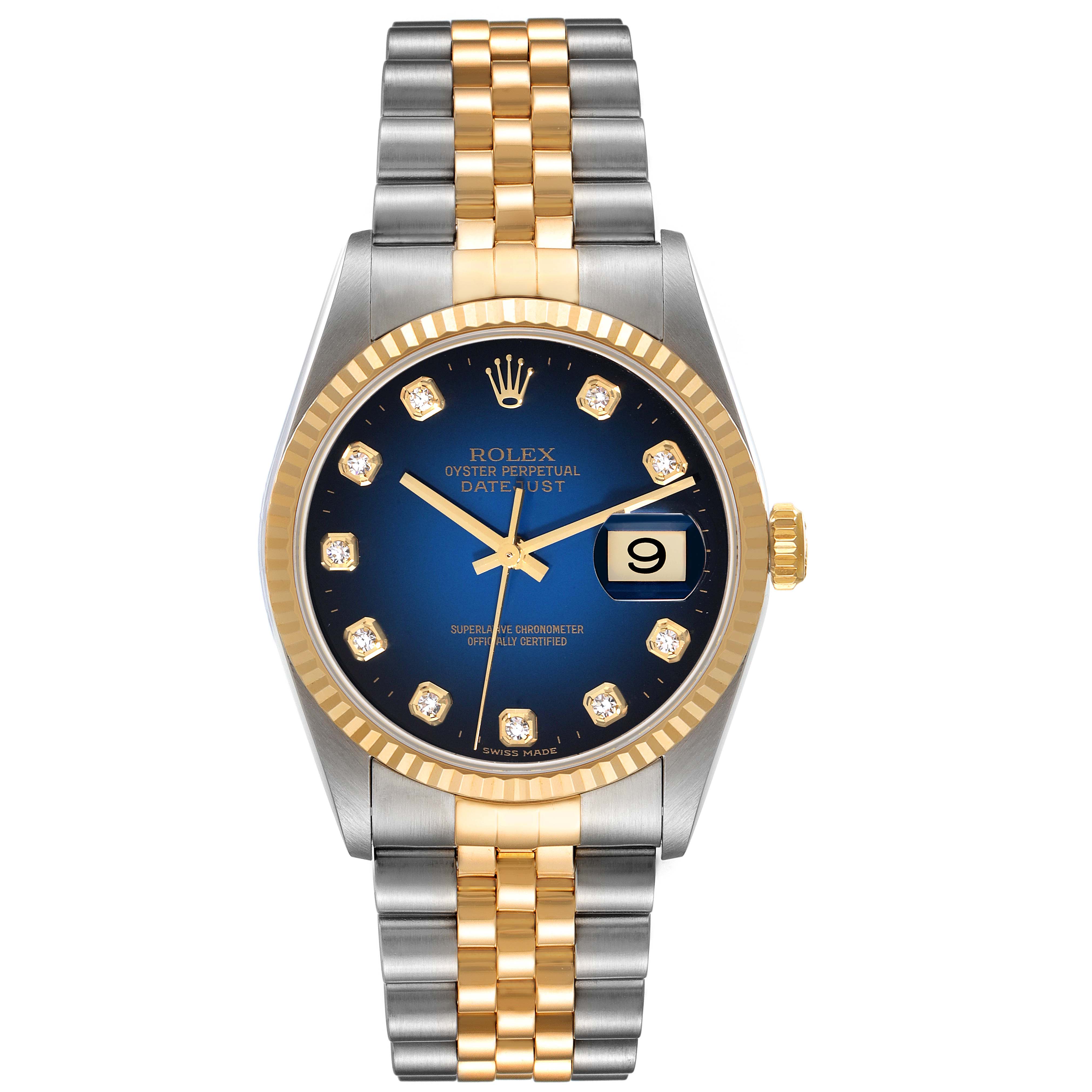This image shows a front view of the Rolex Datejust 16233 Men's Steel and Gold (two tone) Blue Dial 16233 Men's Steel and Gold (two tone) Blue Dial watch, highlighting its blue dial, date display, and two-tone bracelet.