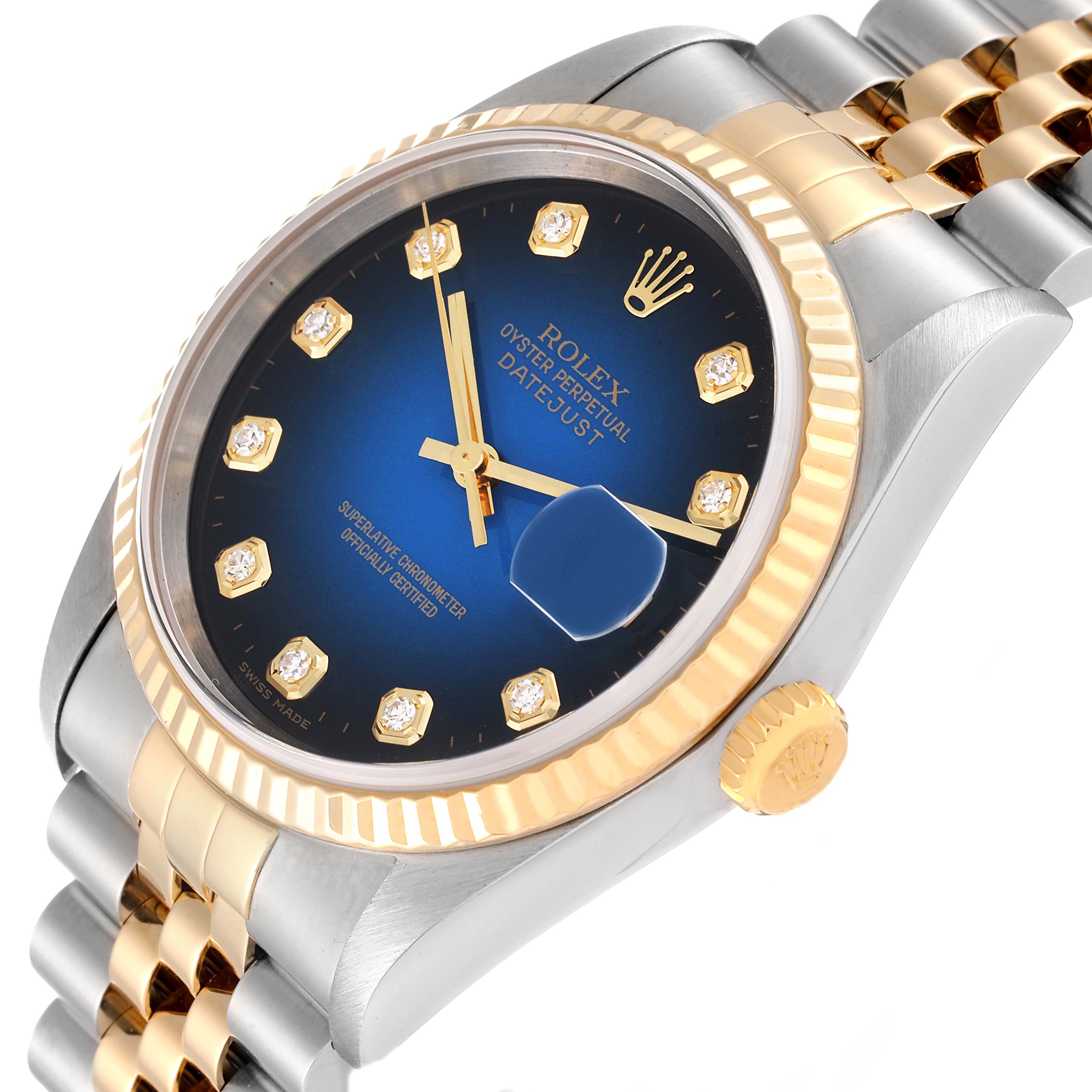 The image shows a Rolex Datejust 16233 Men's Steel and Gold (two tone) Blue Dial 16233 Men's Steel and Gold (two tone) Blue Dial watch at an angle, highlighting its blue dial, diamond hour markers, gold bezel, and bi-metal bracelet.
