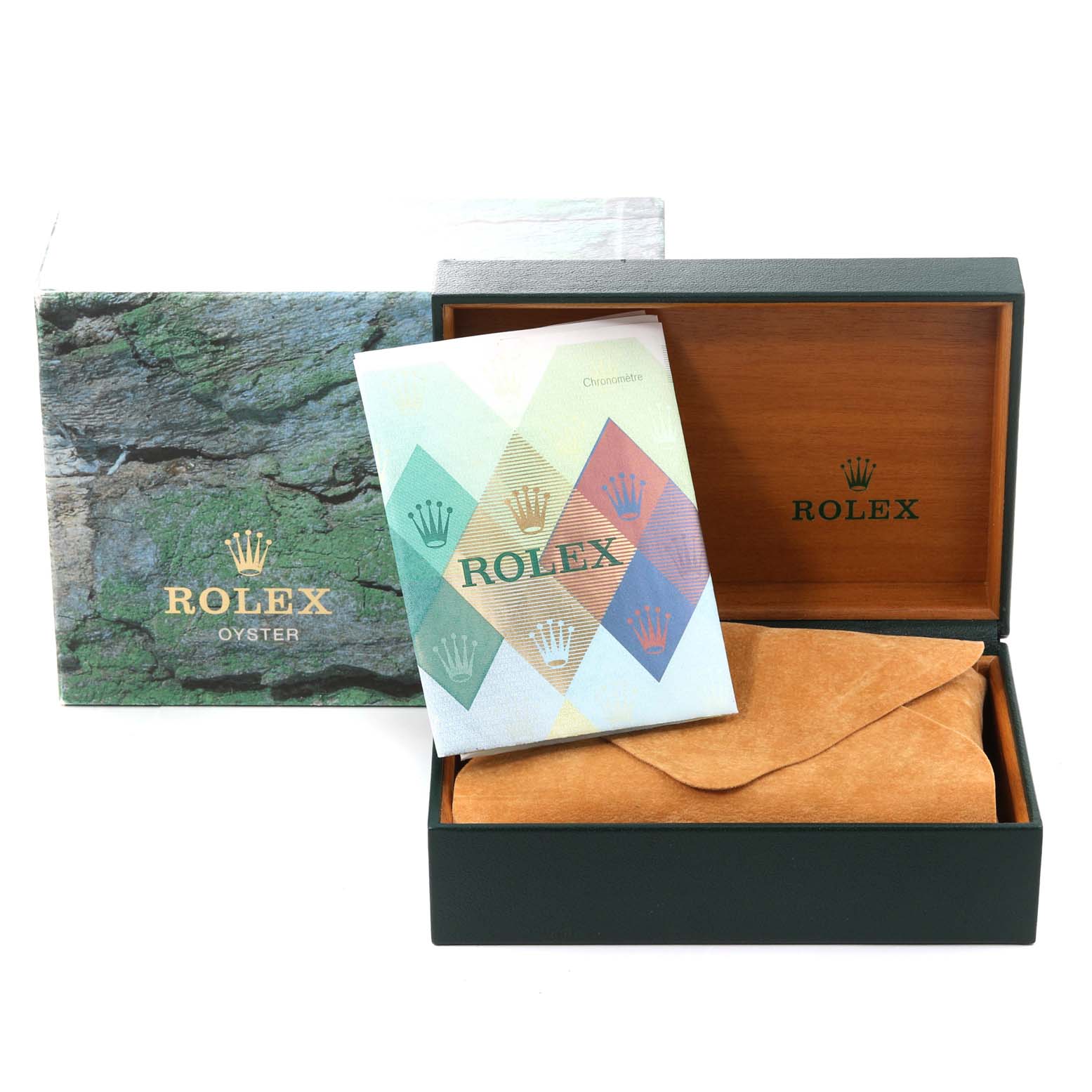 This image shows a Rolex Datejust 16233 Men's Steel and Gold (two tone) Blue Dial 16233 Men's Steel and Gold (two tone) Blue Dial watch box, booklet, and a suede travel case from a wide-angle view.