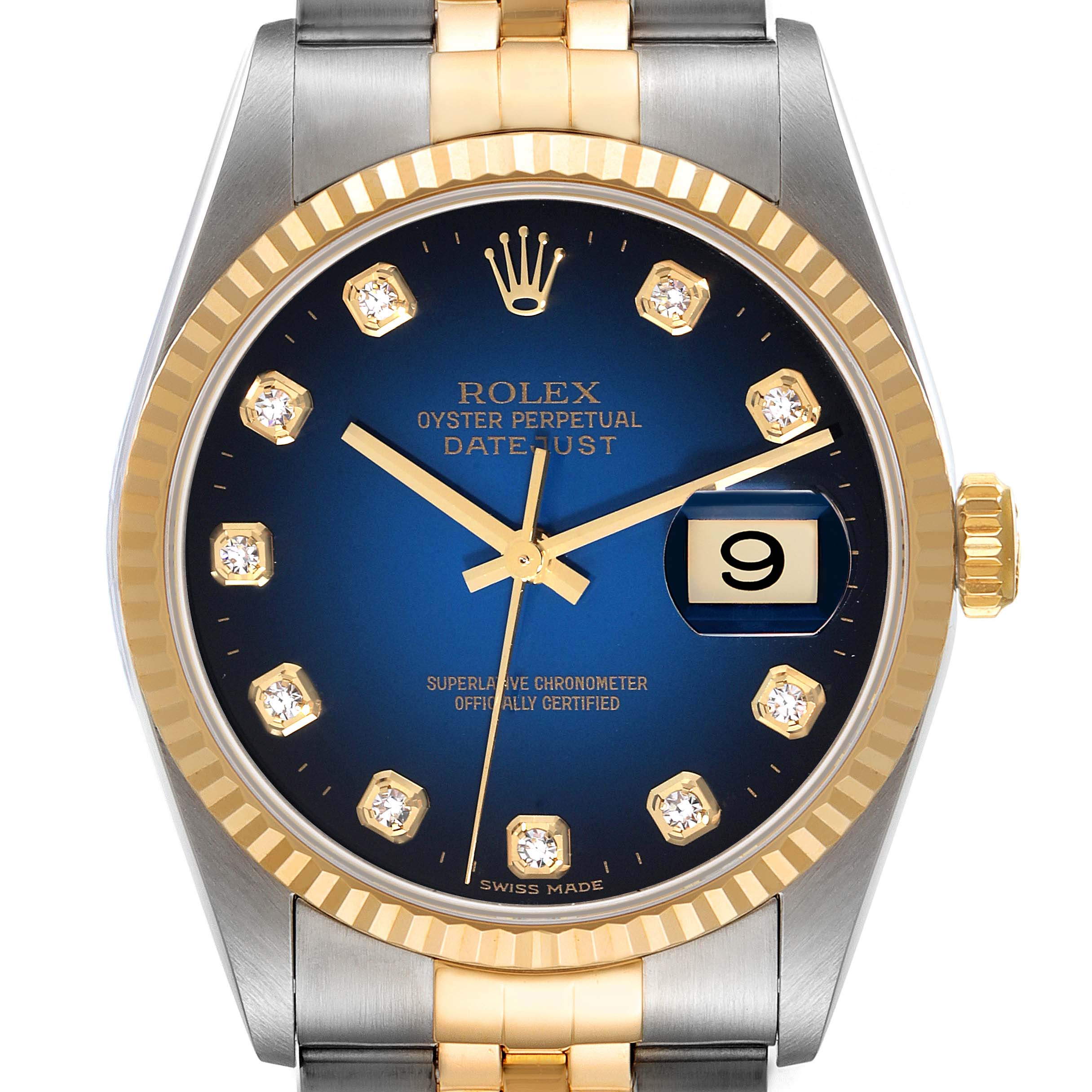 The image shows the front view of a Rolex Datejust 16233 Men's Steel and Gold (two tone) Blue Dial 16233 Men's Steel and Gold (two tone) Blue Dial watch, highlighting its blue dial, diamond hour markers, and date window at 3 o'clock.